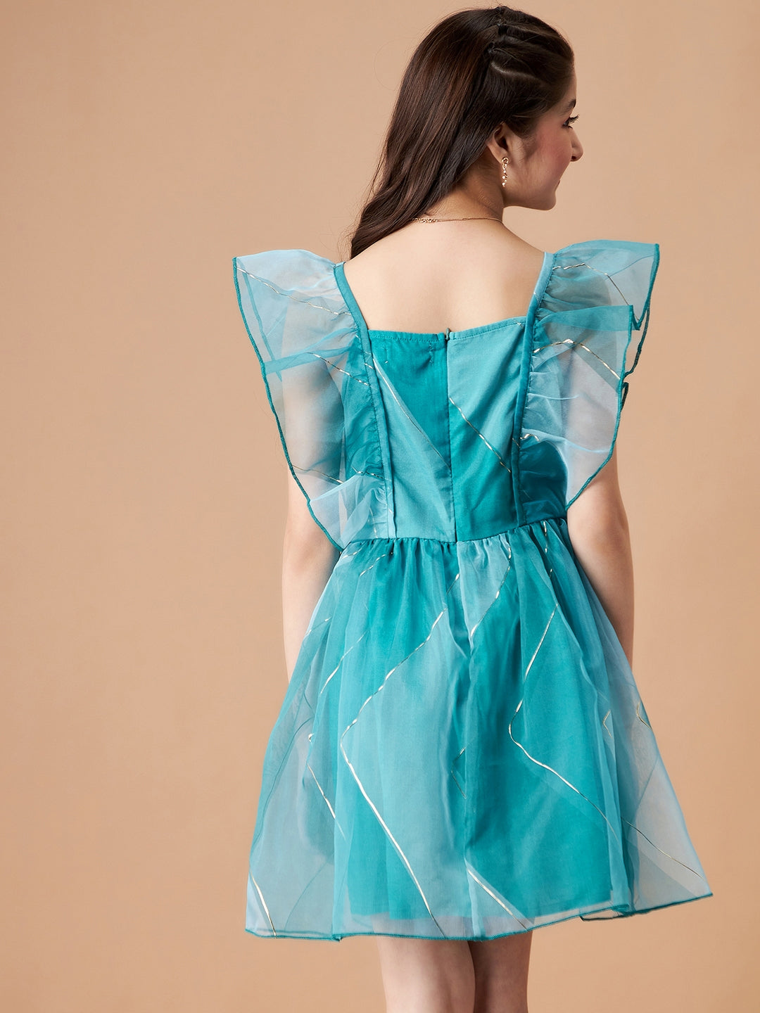 Girls Striped Flutter Sleeves Ruffled Organza Fit & Flare Dress