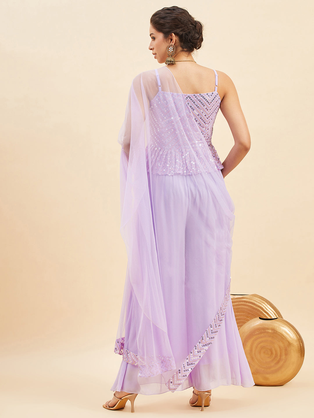 Pleated Sequinned Top with Sharara & With Dupatta