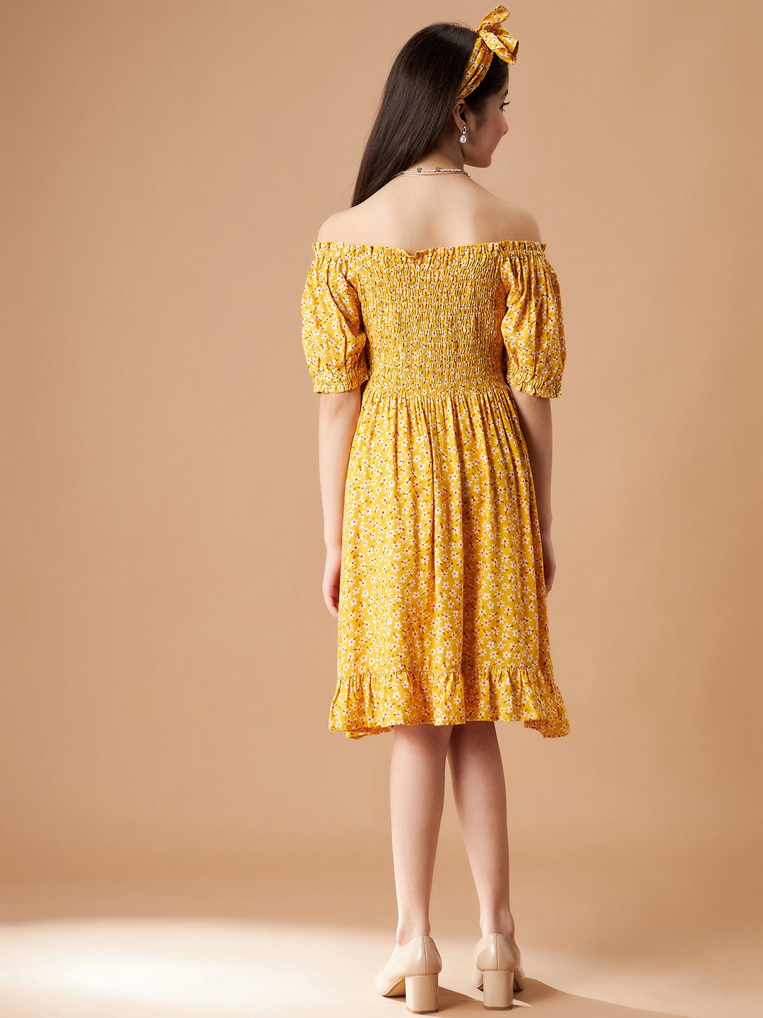 Girls Floral Print Off-Shoulder Puff Sleeve Fit Flare Dress