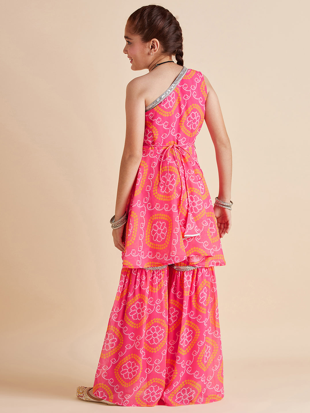 Girls Pink Bandhani Printed Empire Gotta Patti Kurta with Sharara