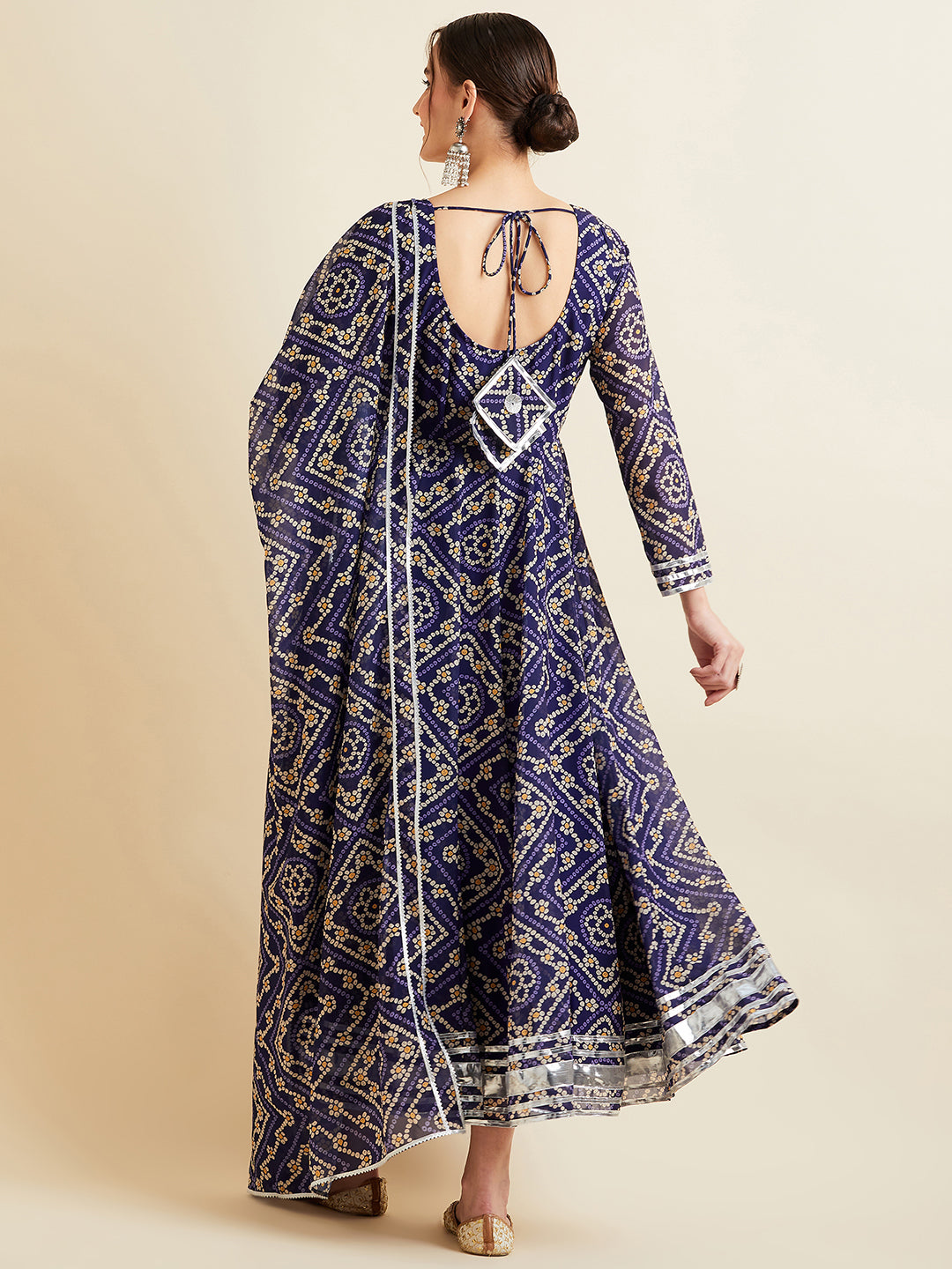 Blue Bandhani Printed Fit & Flared Maxi Ethnic Dress With Dupatta
