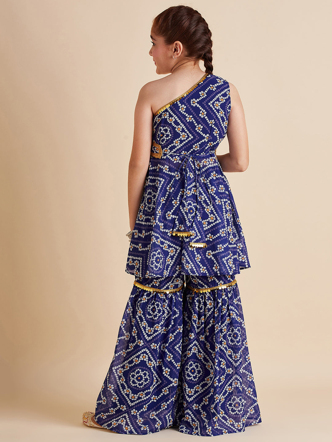 Girls Blue Bandhani Printed Empire Gotta Patti Kurta with Sharara