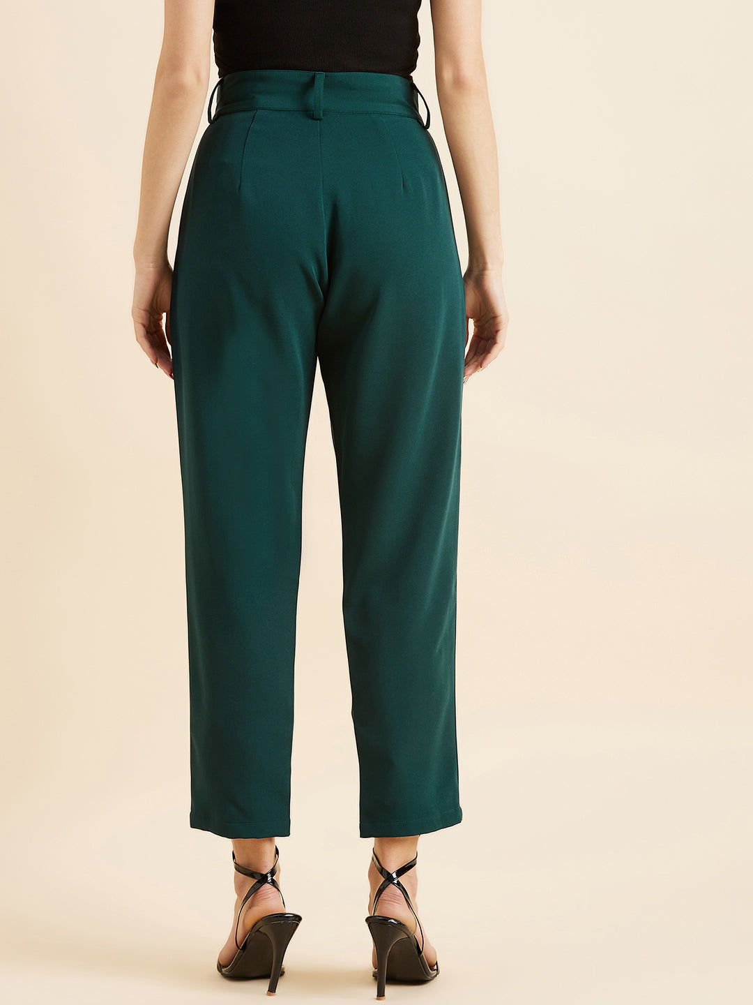 Green Relaxed Straight Fit High-Rise Pleated Formal Trousers
