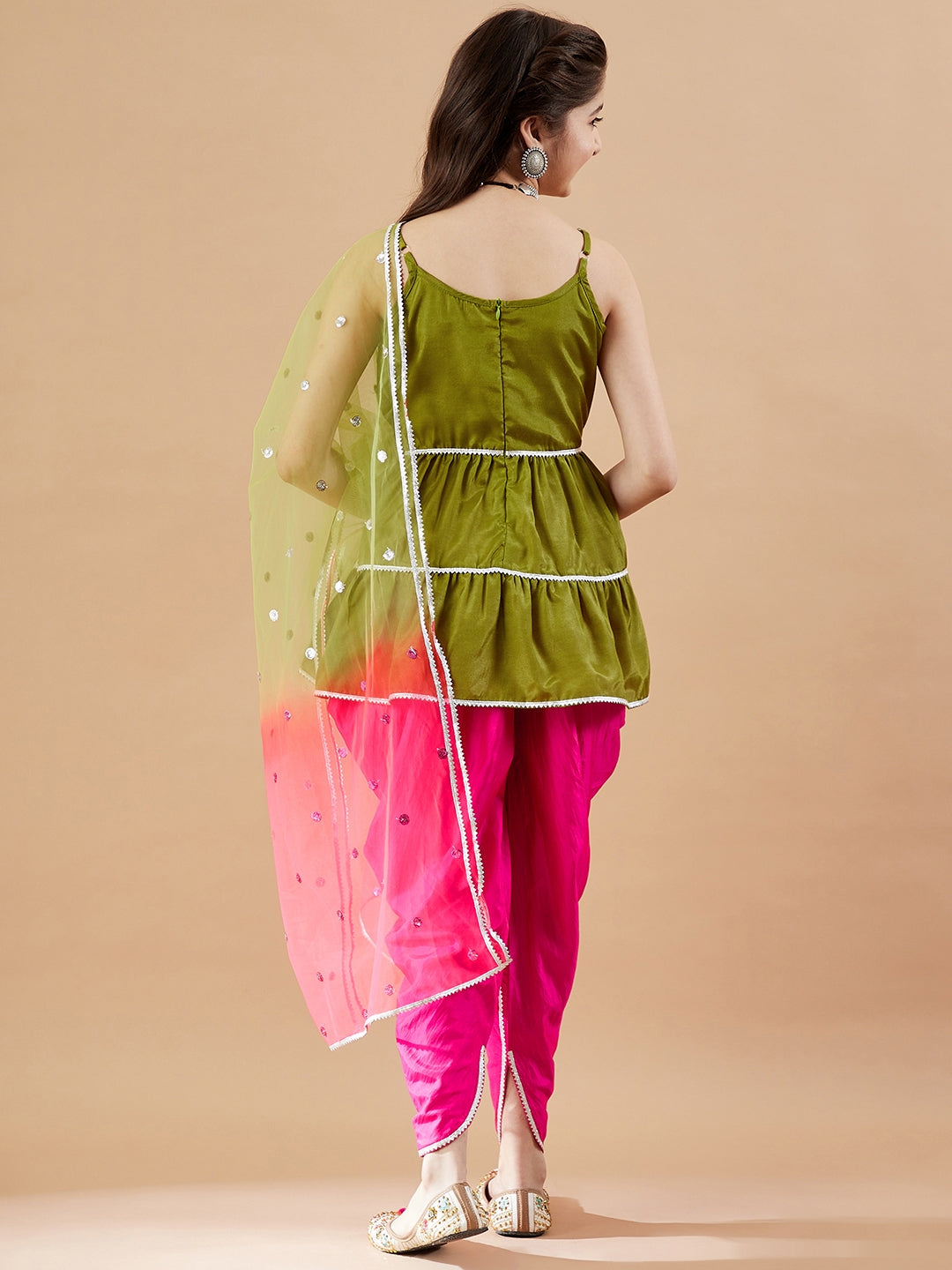 Girls Tiered Gotta Patti Kurti with Dhoti Pants & With Dupatta