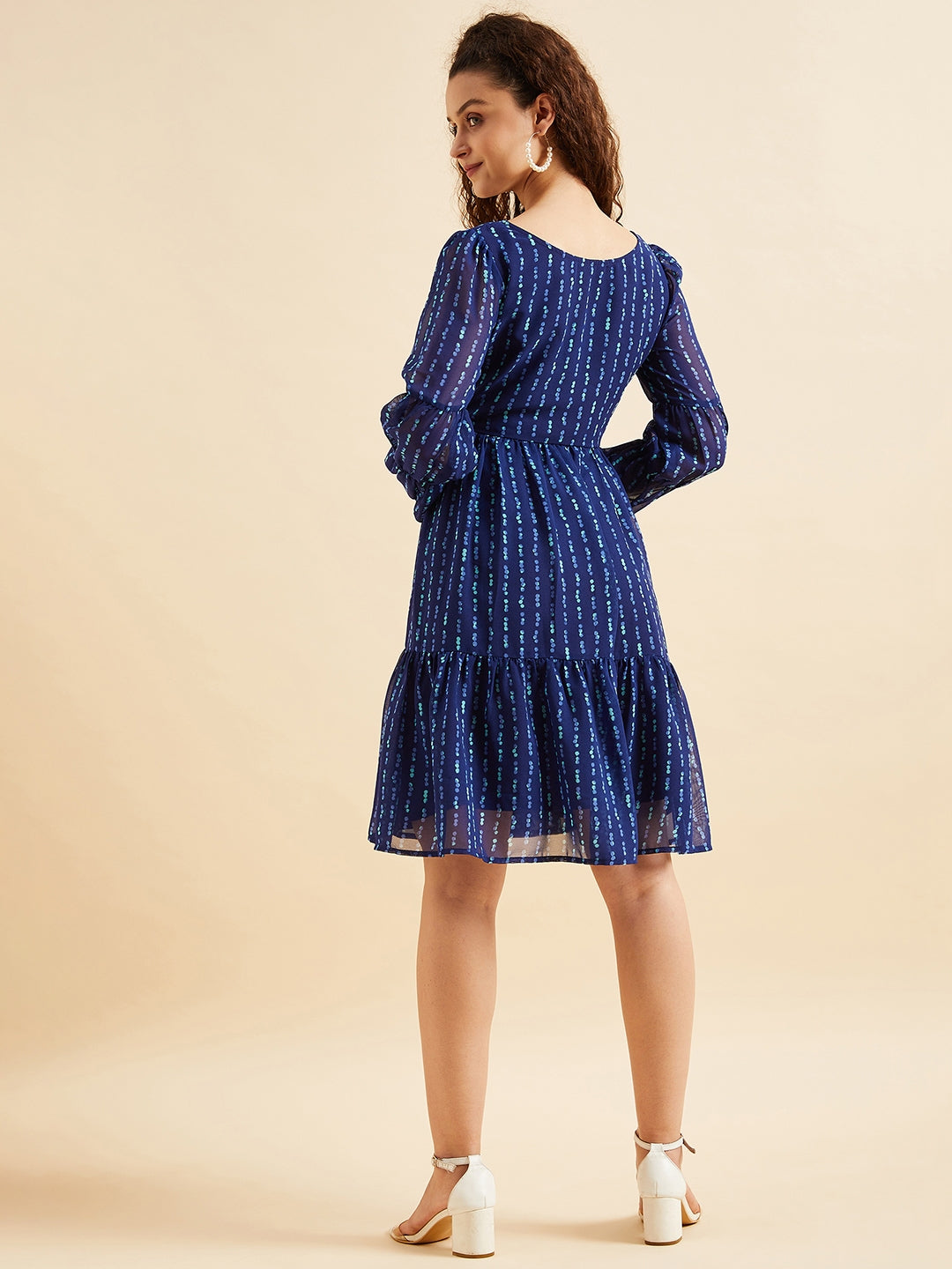 Puffed Sleeves Geometric Printed Tiered Fit & Flare Georgette Dres