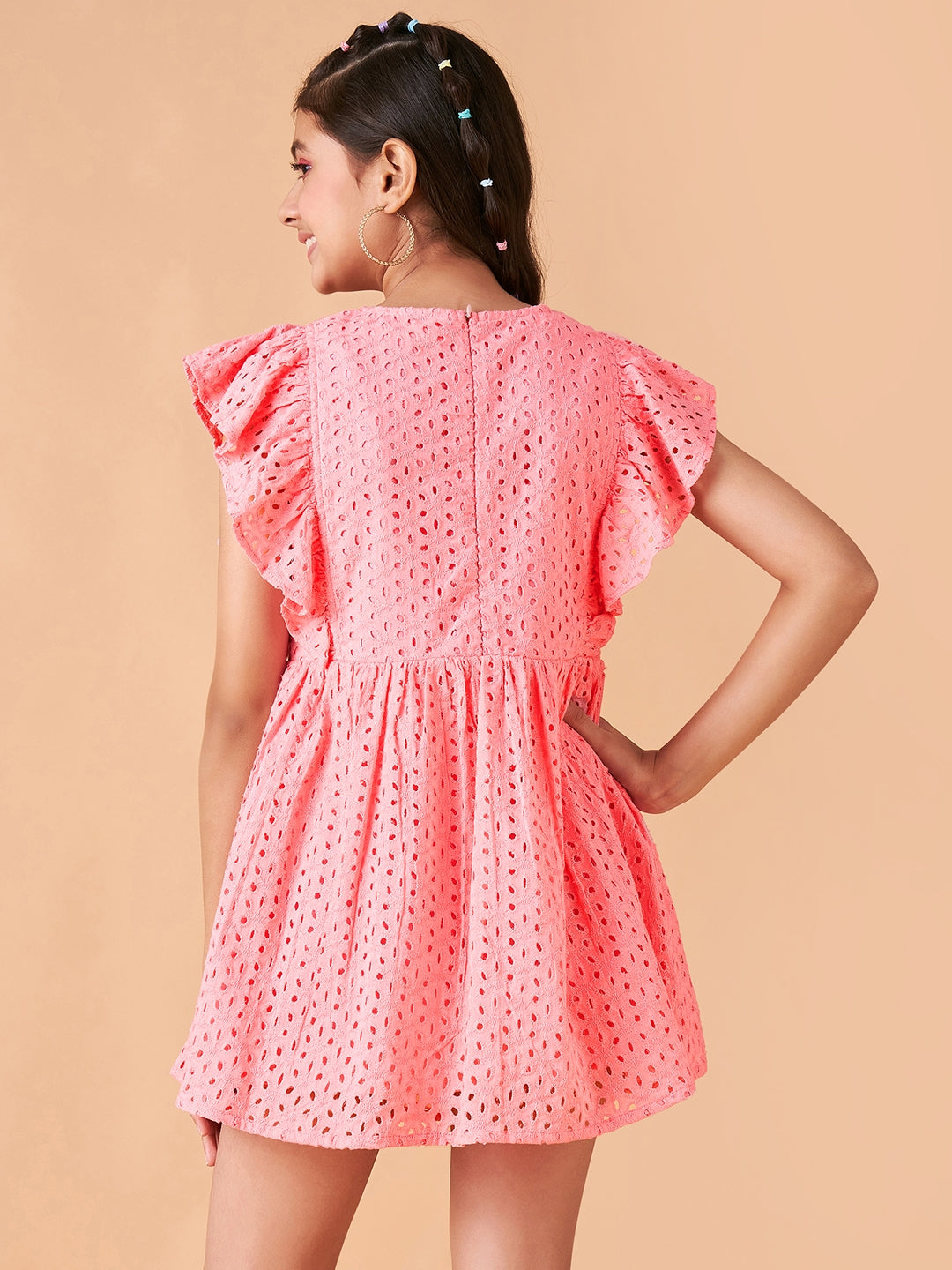 Girls Pink Flutter Sleeve Fit & Flare Mini Dress