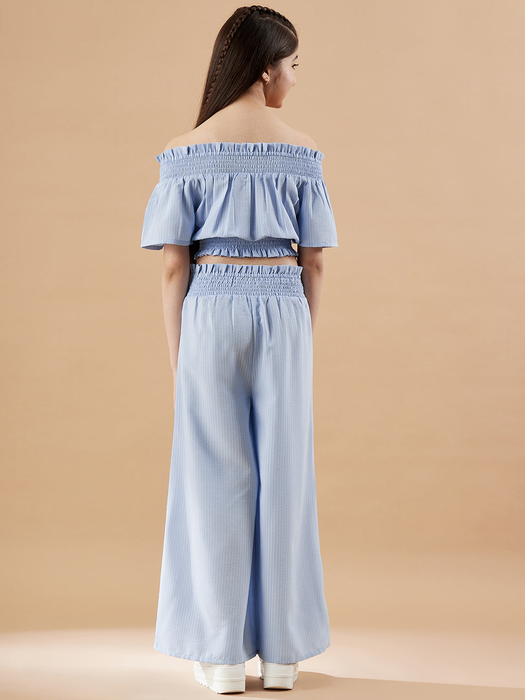 Girls Off-Shoulder Blue Top with Trousers