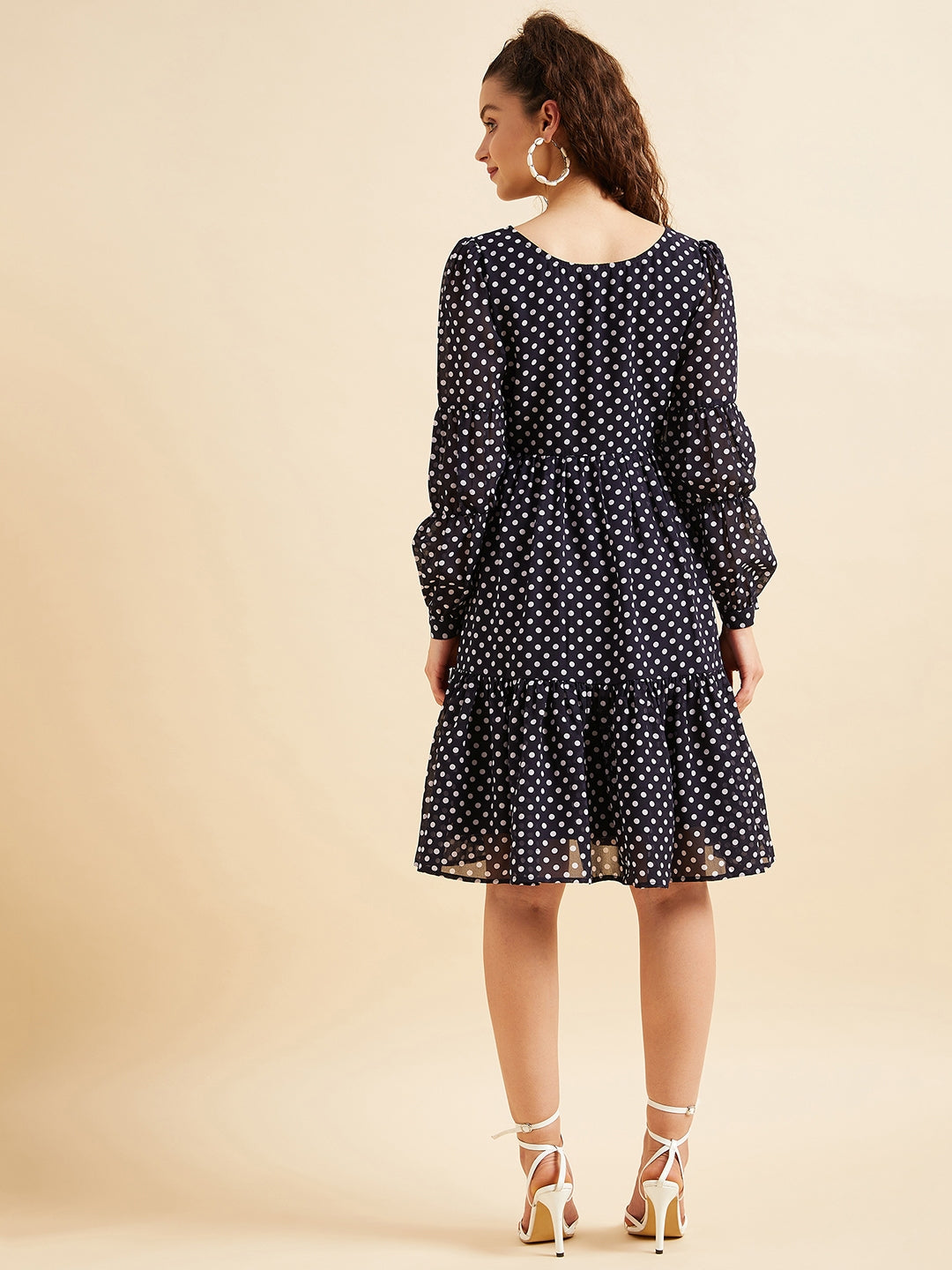 Polka Dots Printed Flounce Georgette Fit Flared Dress