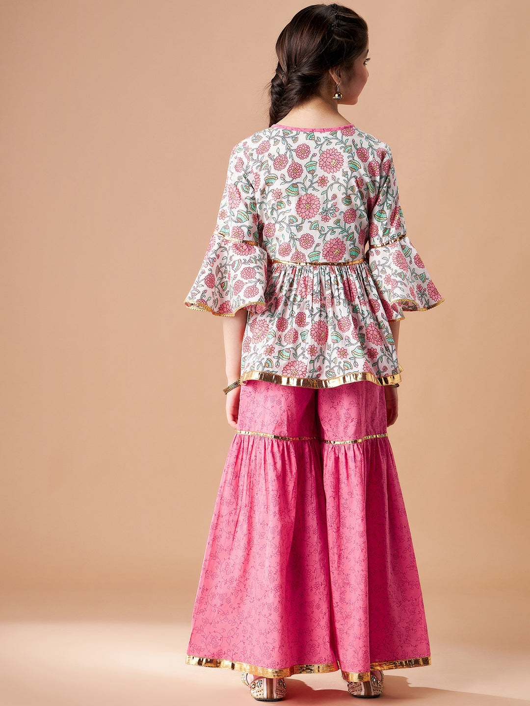 Girls Floral Printed Empire Gotta Patti Pure Cotton Kurti with Sharara
