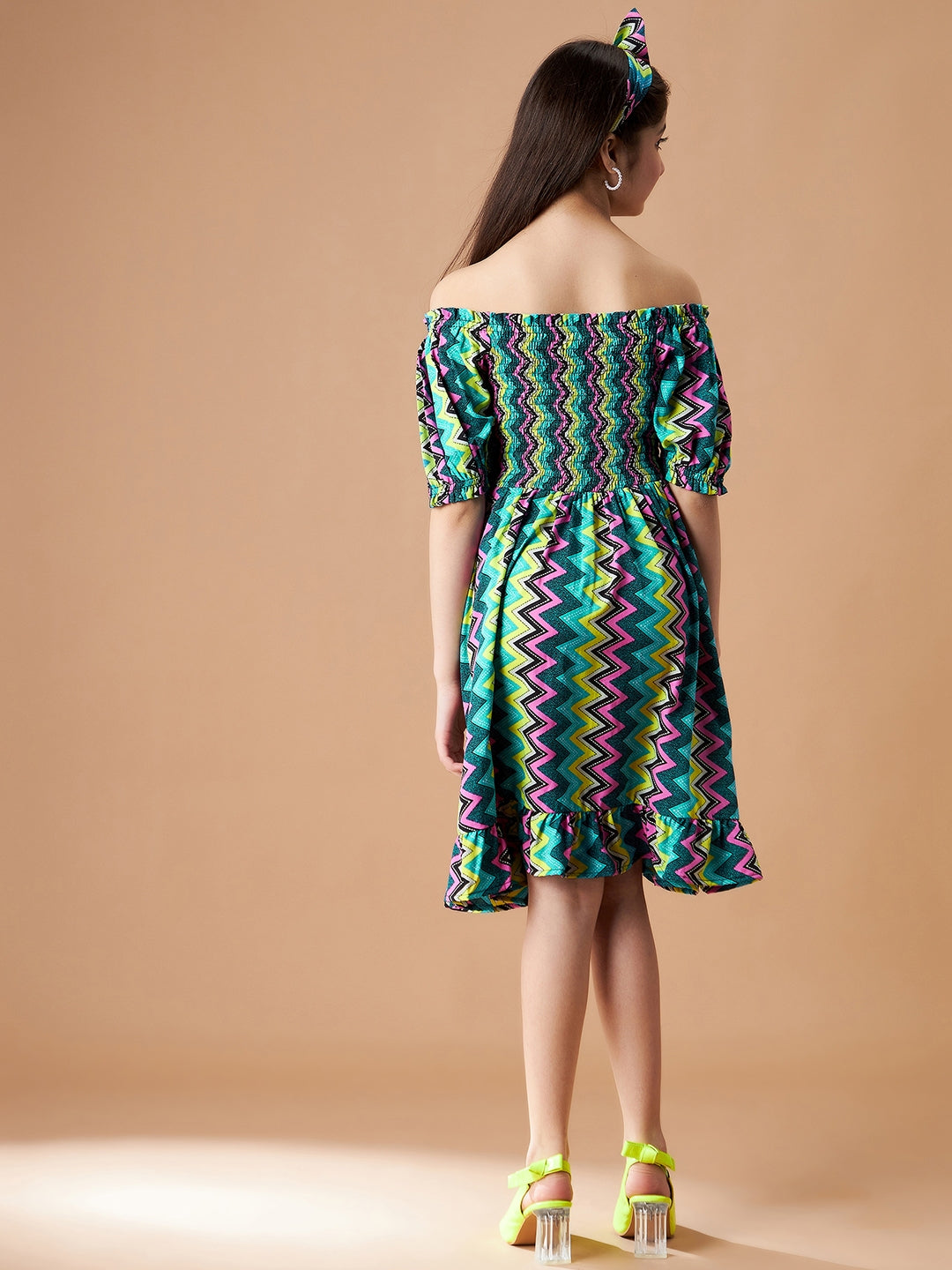 Chevron Printed Off-Shoulder Crepe A-Line Dress