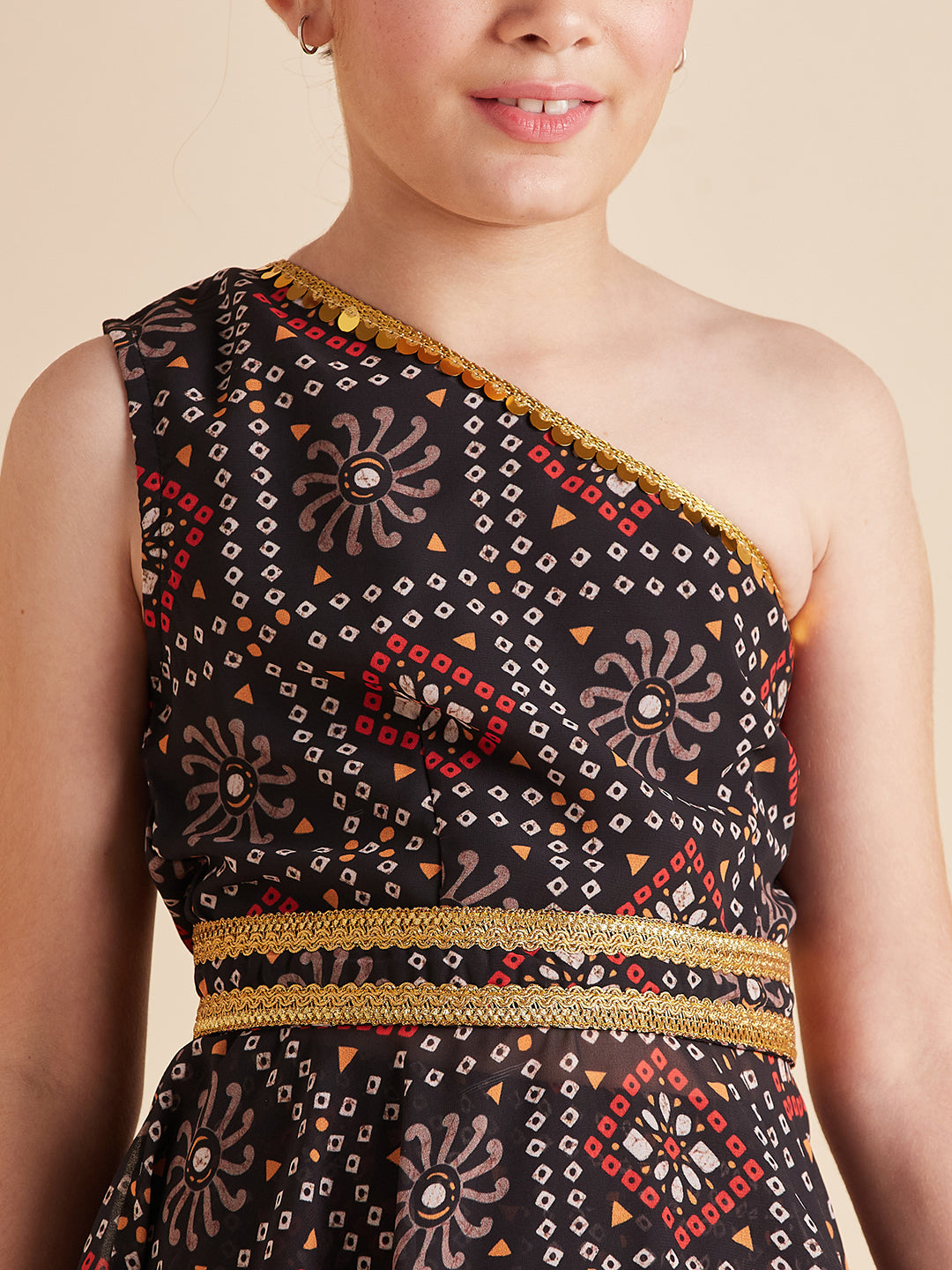 Girls Bandhani Printed Empire Gotta Patti Kurta with Sharara