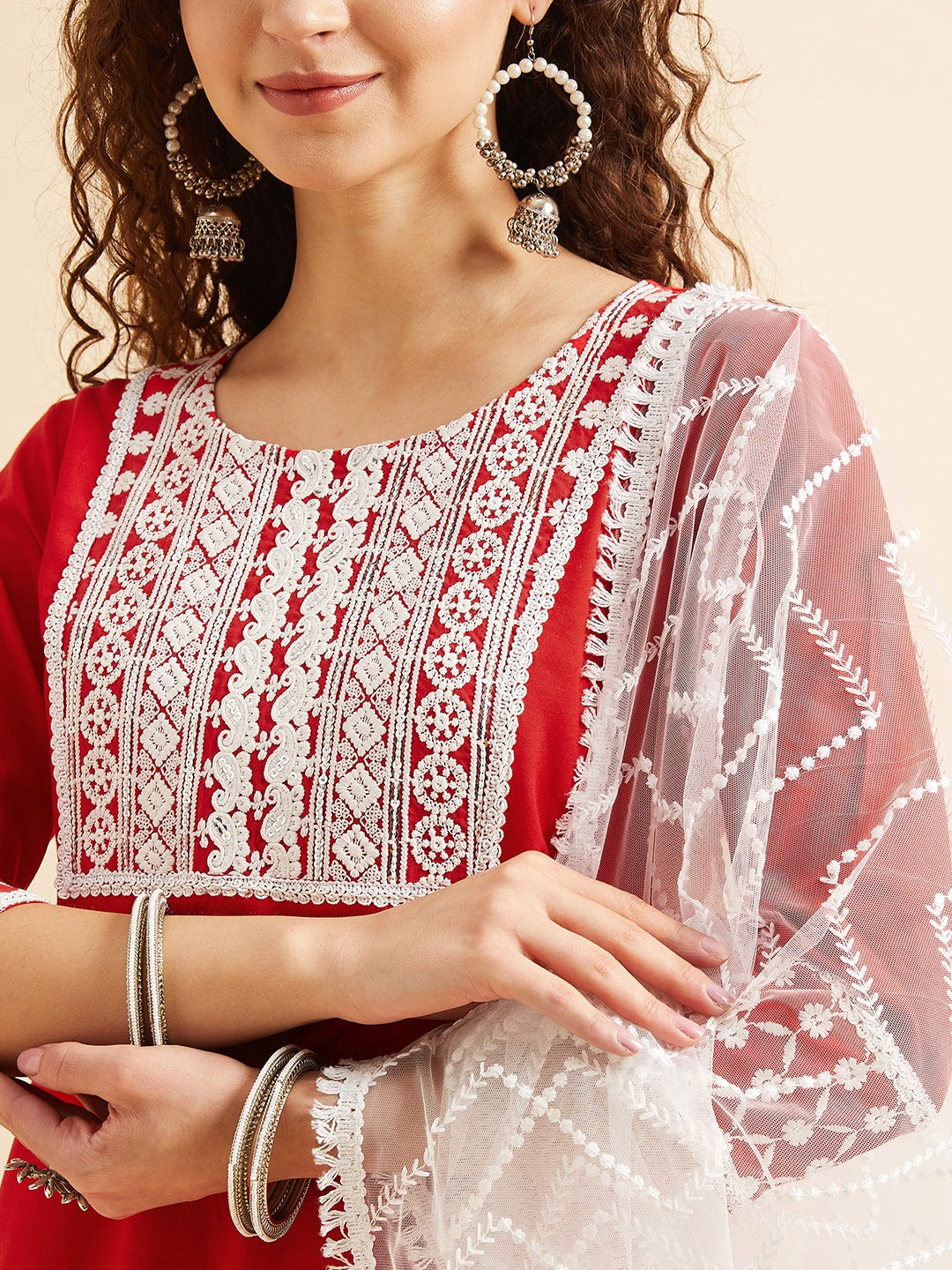 Red & White Ethnic Motifs Yoke Design Thread Work Kurta With Trousers & Dupatta