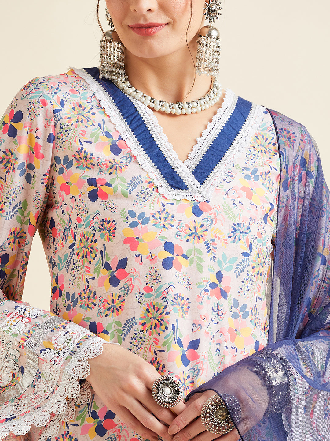 Floral Printed High Slit Patchwork Kurta with Salwar & With Dupatta