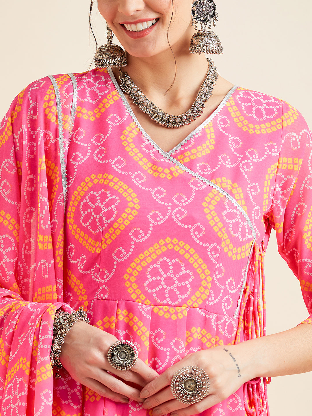 Pink Printed Georgette Angrakha Ethnic Dress With Dupatta