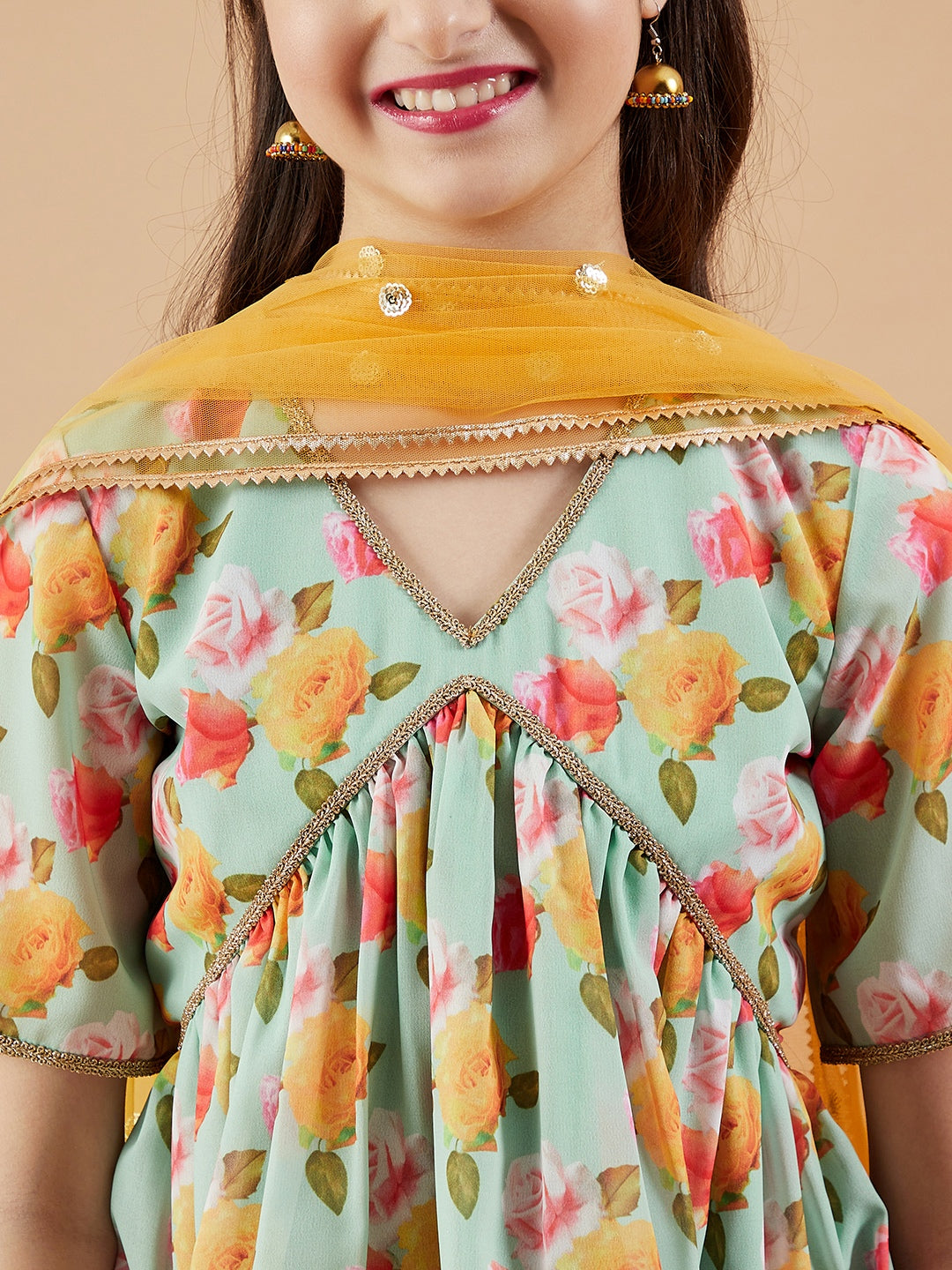 Girls Floral Printed Empire Gotta Patti Kurti with Sharara & With Dupatta