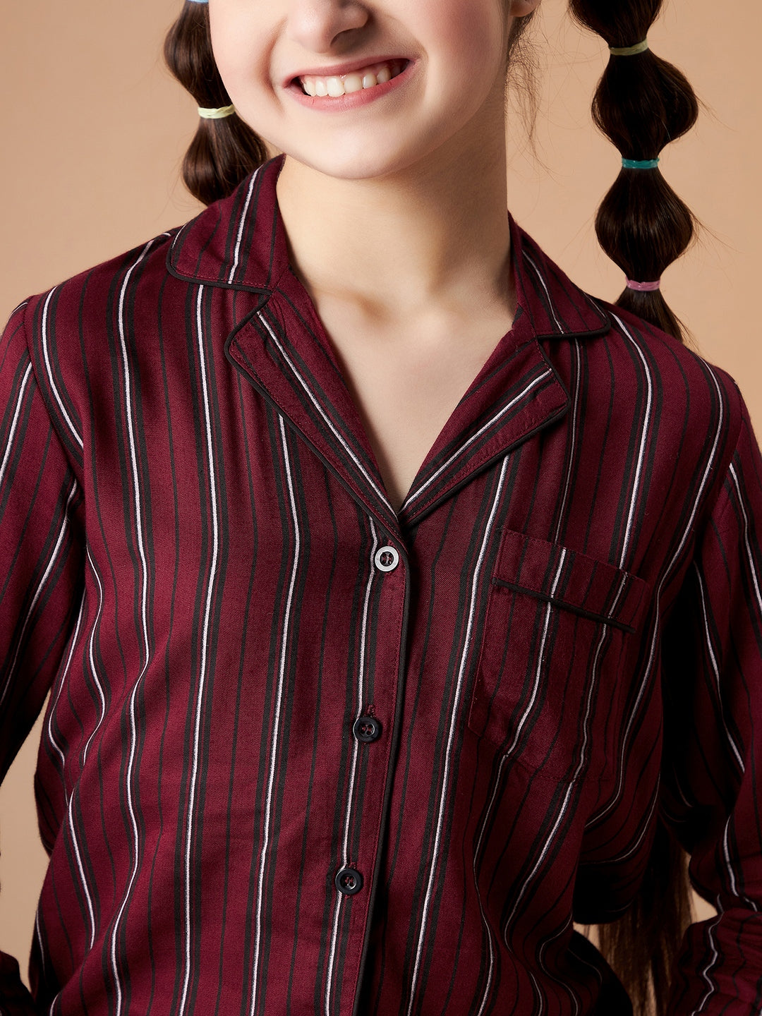 Girls Maroon Striped Shorts Night Suit Sets