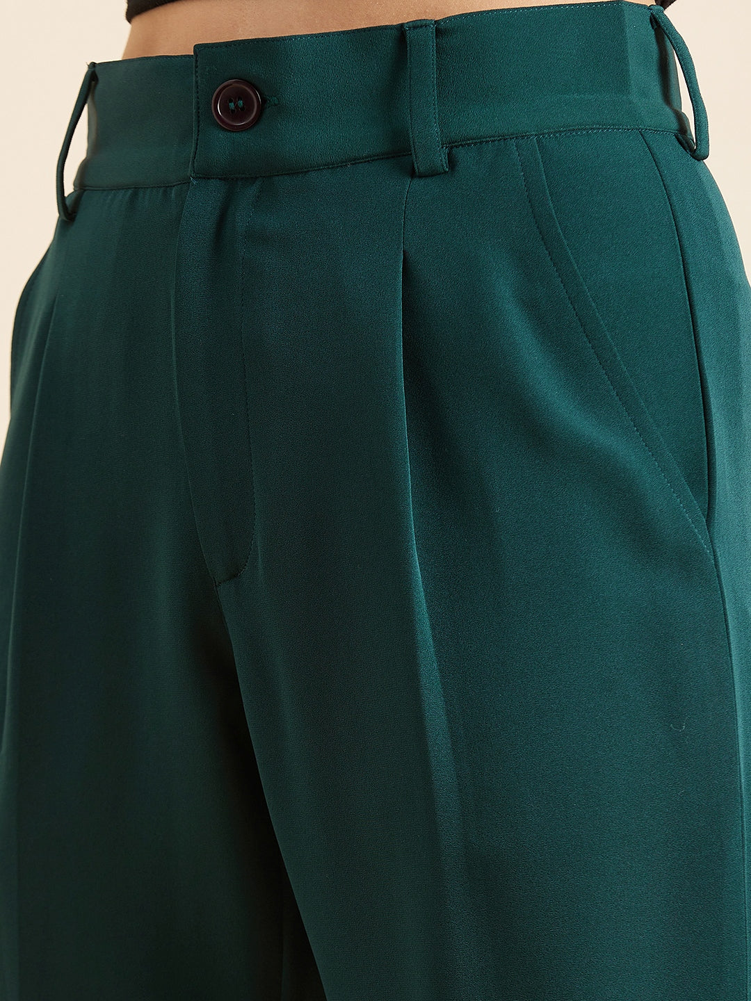 Green Relaxed Straight Fit High-Rise Pleated Formal Trousers