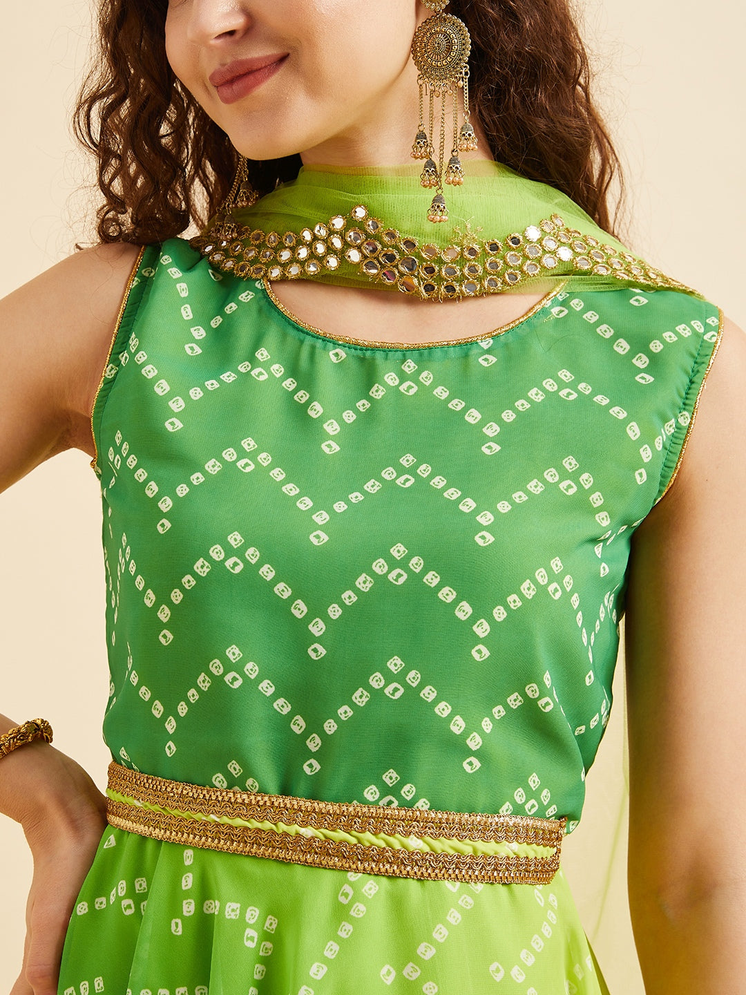 PANIT Green Bandhani Printed Zardozi Kurta with Sharara & With Dupatta