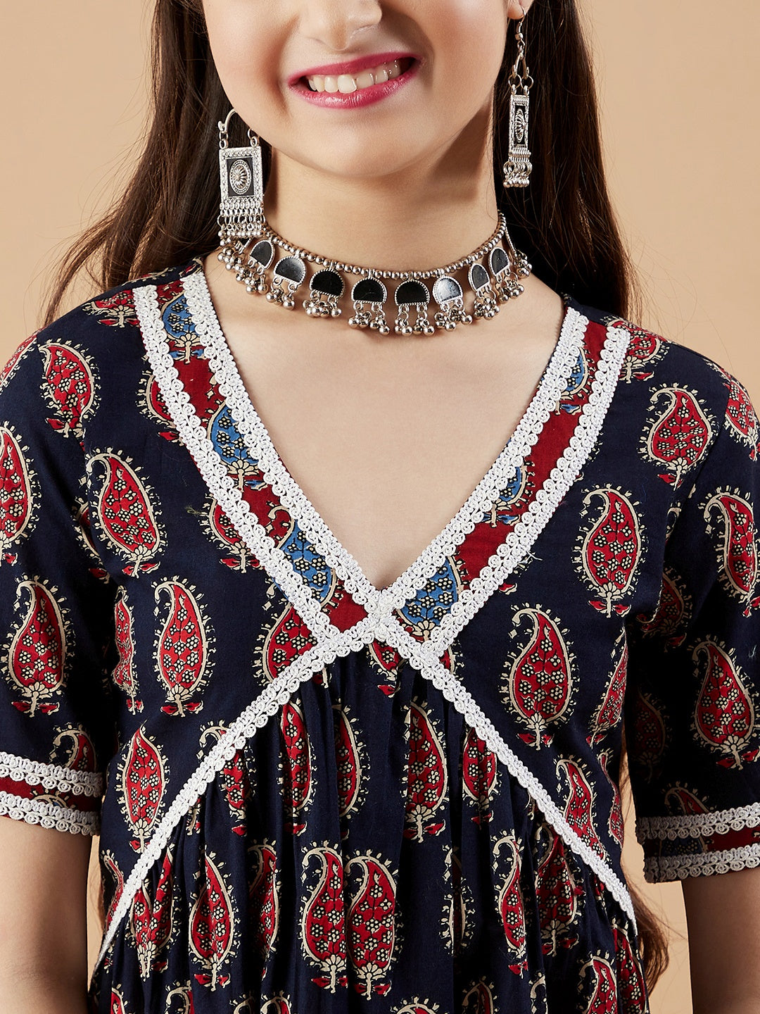 Girls Paisley Printed Pleated Kurta with Trousers