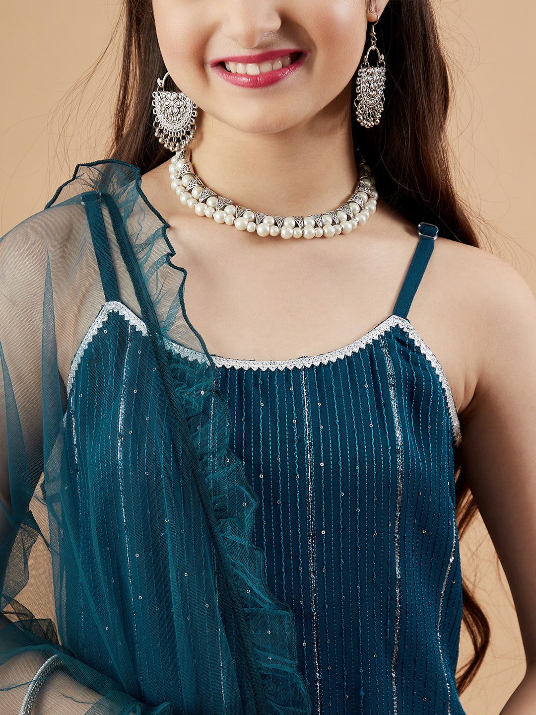 Girls Embroidered Sequinned Kurta with Palazzos & With Dupatta