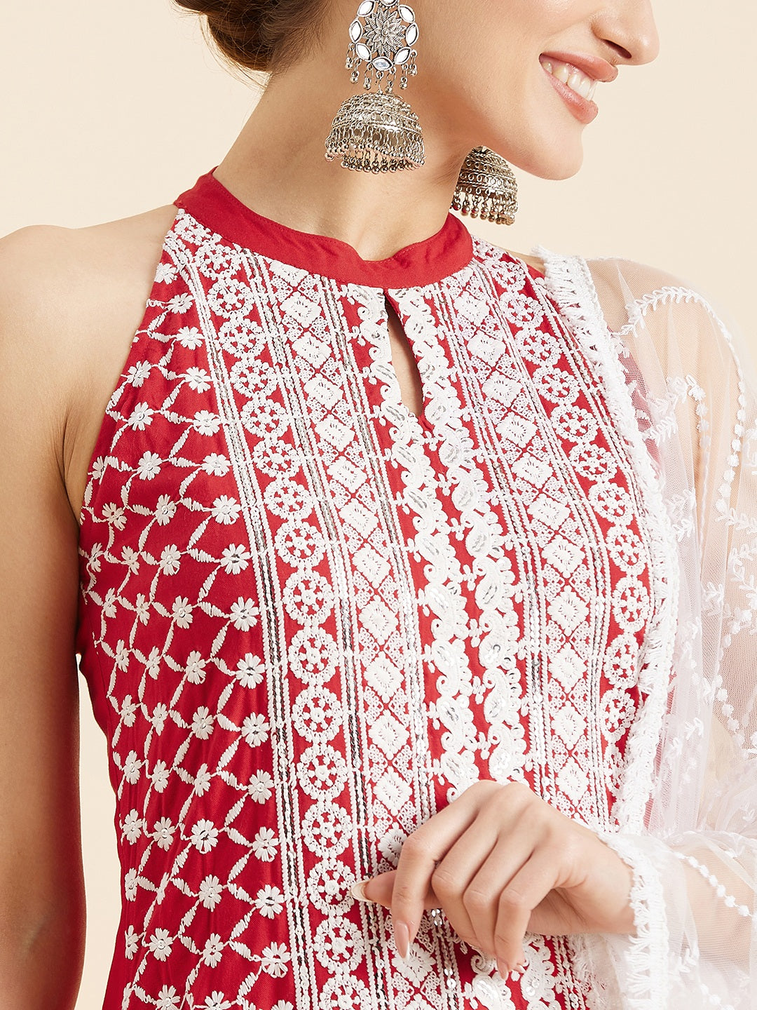 Red & White Ethnic Motifs Embroidered Thread Work Kurta With Trousers & Dupatta