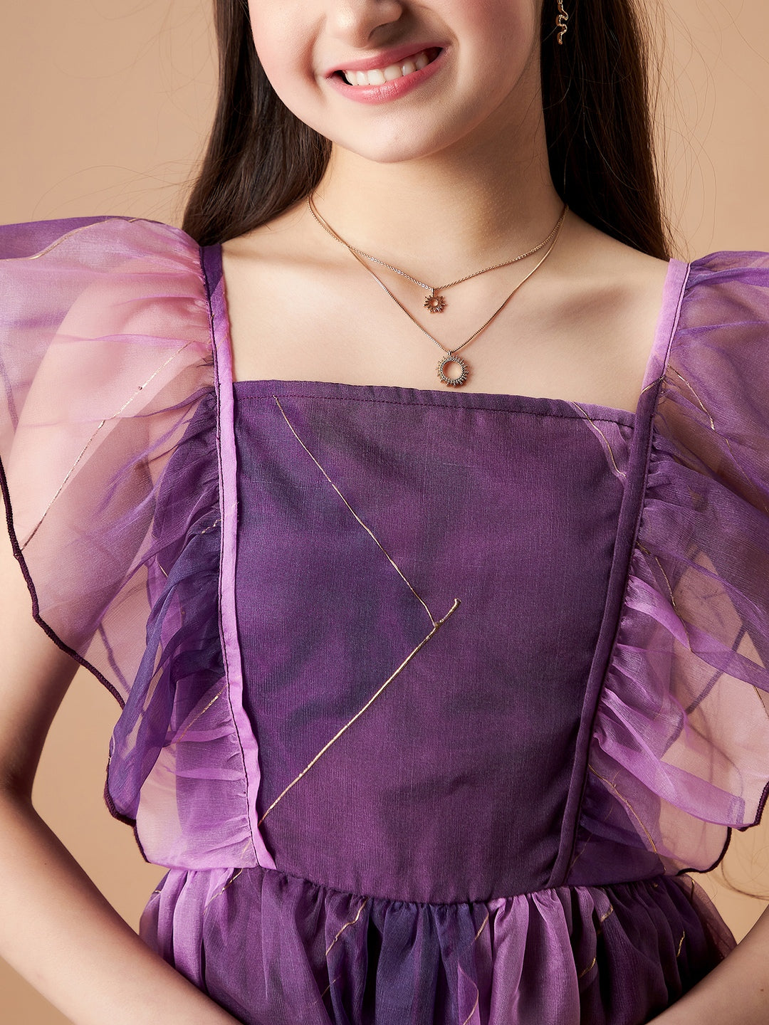 Girls Striped Flutter Sleeves Ruffled Organza Fit & Flare Dress