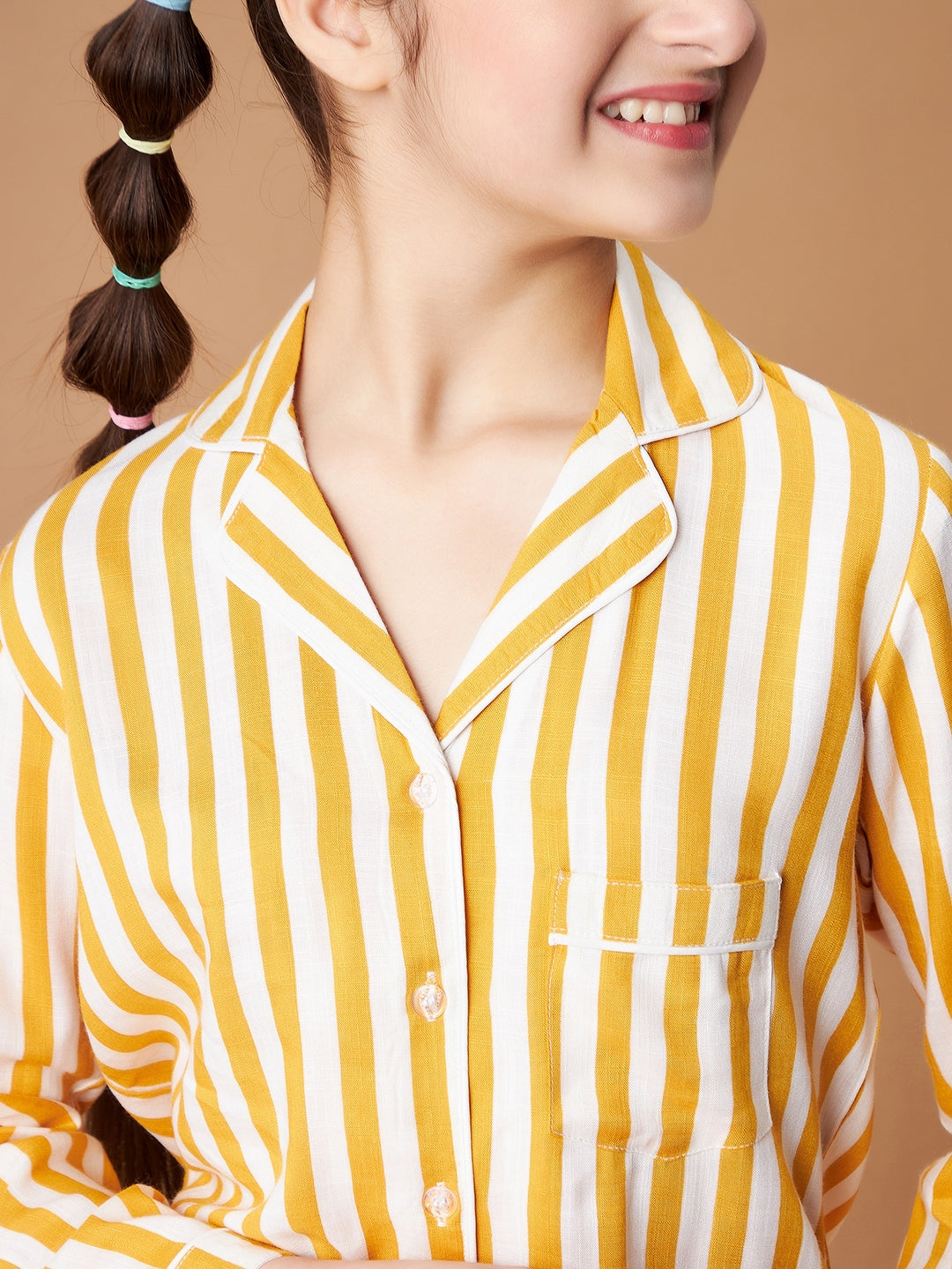 Girls Yellow Striped Cotton Night Suit Set