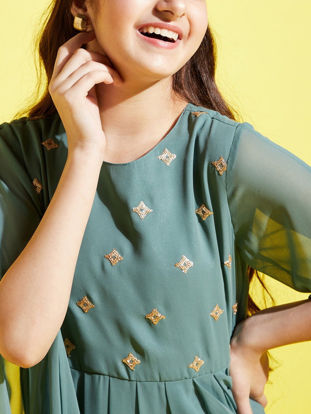 Girls Sea Green Georgette Maxi Dress