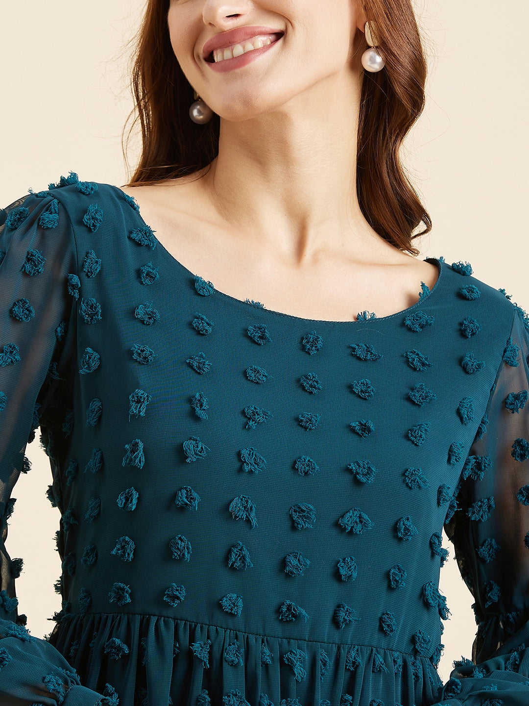 Dobby Fabric Puff Sleeves Tiered Fit & Flare Dress