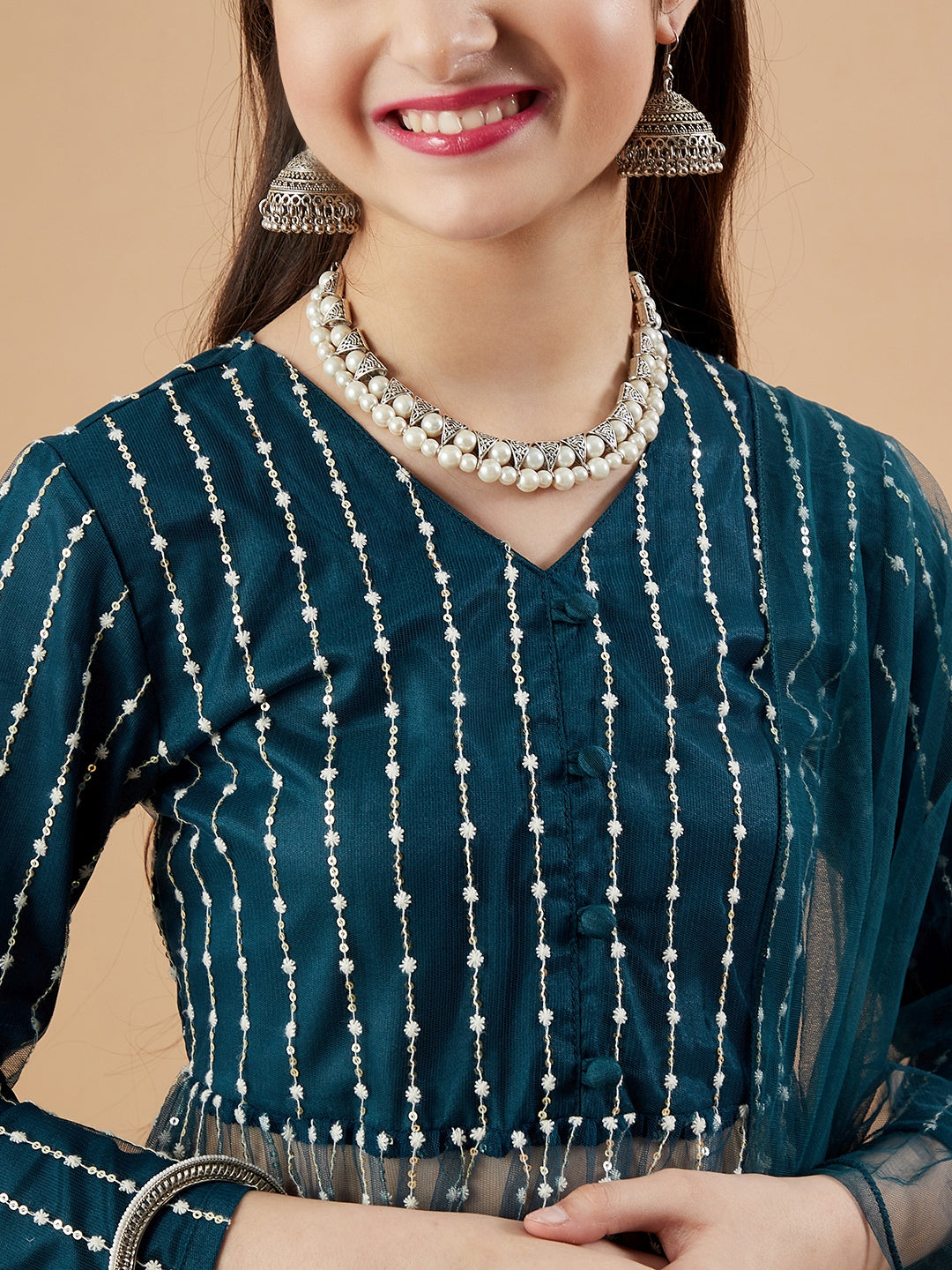 Girls Striped Embroidered Mesh Empire Sequinned Kurta & Sharara & Dupatta