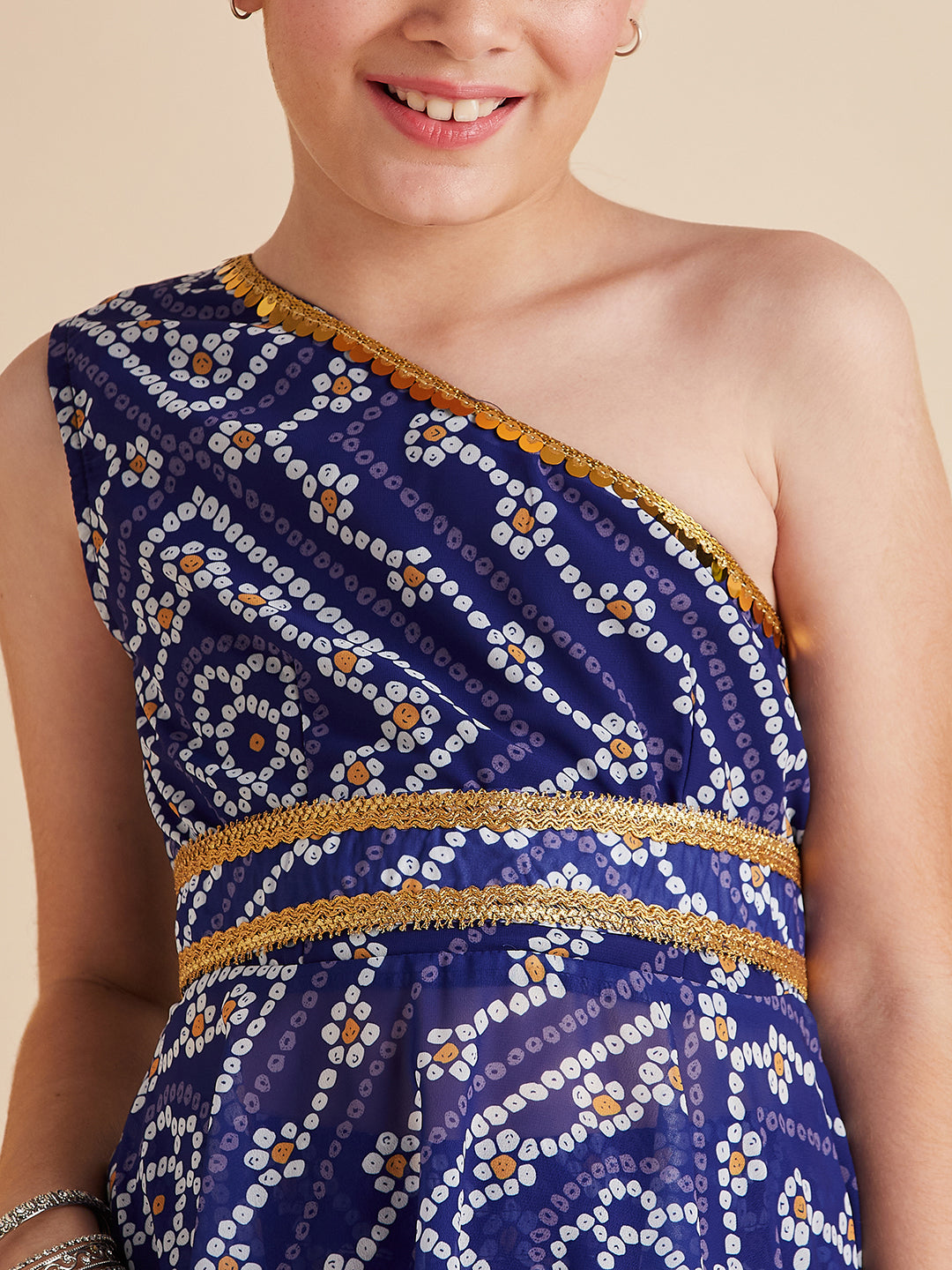 Girls Blue Bandhani Printed Empire Gotta Patti Kurta with Sharara
