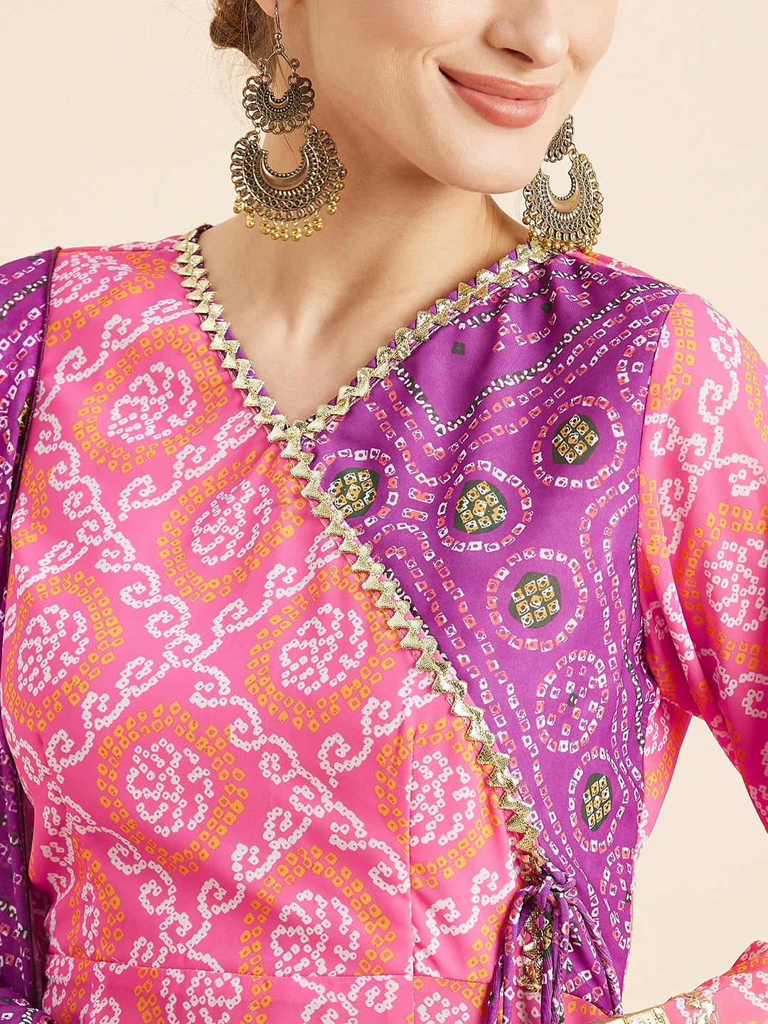 Bandhani Printed Angrakha Gotta Patti Kurta With Trousers Dupatta