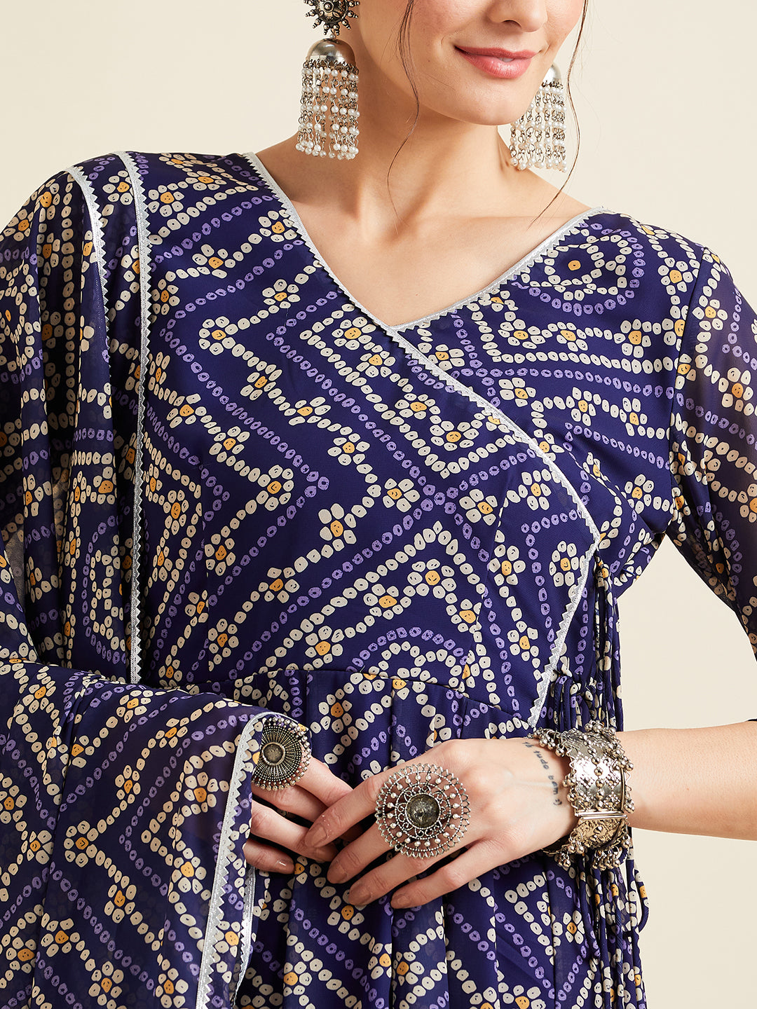 Bandhani Printed Georgette Angrakha Ethnic Dress With Dupatta