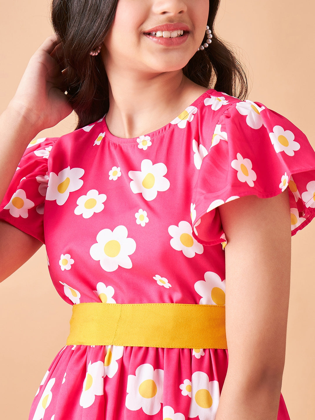 Girls Floral Printed Flutter Sleeve Fit & Flare Dress