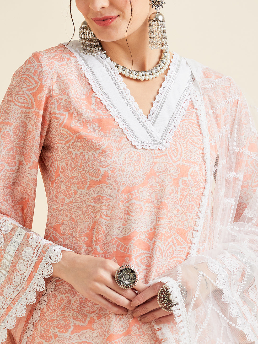 Pink Floral Printed Regular Patchwork Kurta with Trousers & With Dupatta