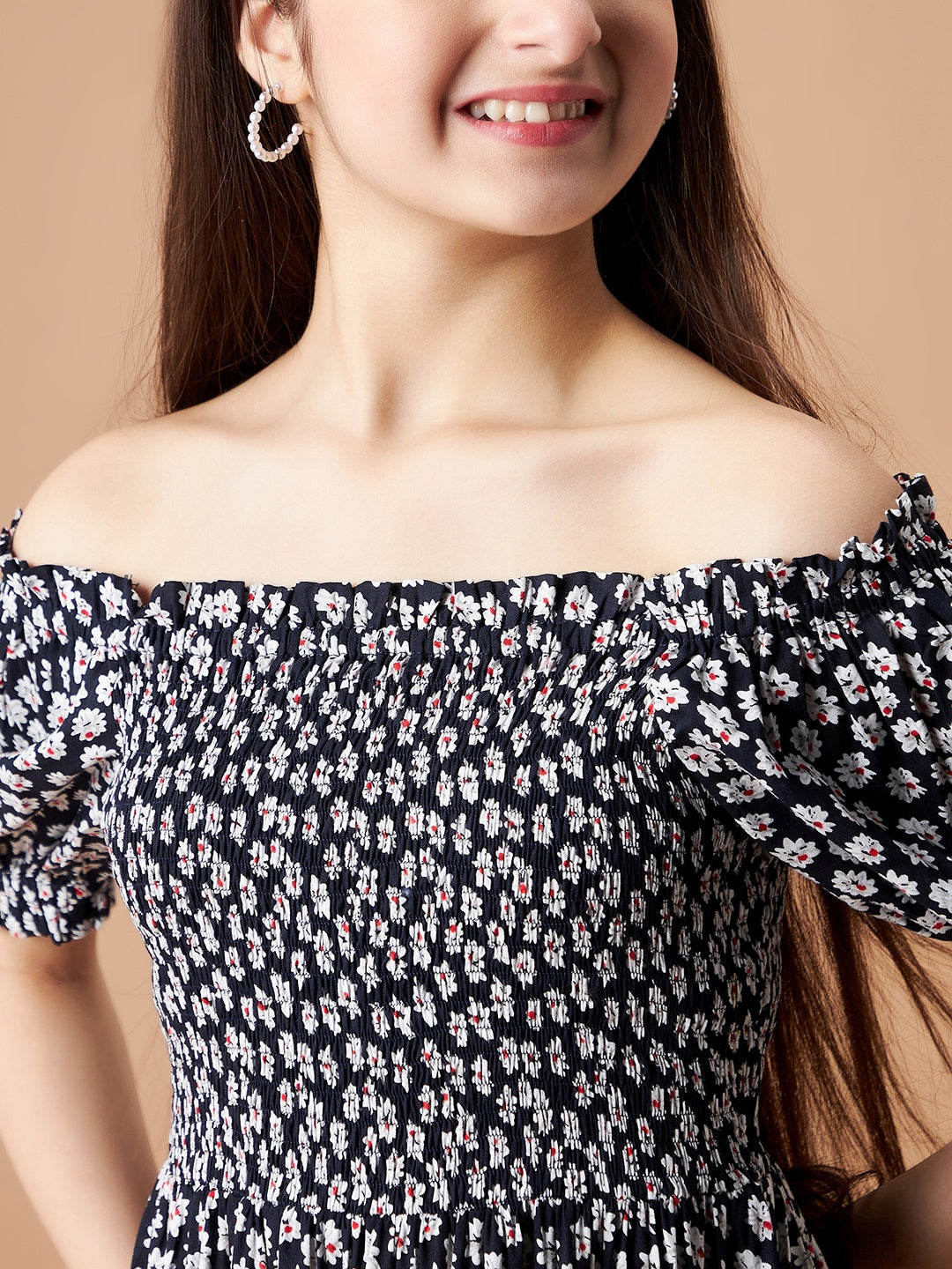 Black Floral Printed Smocking detail a Line Dress