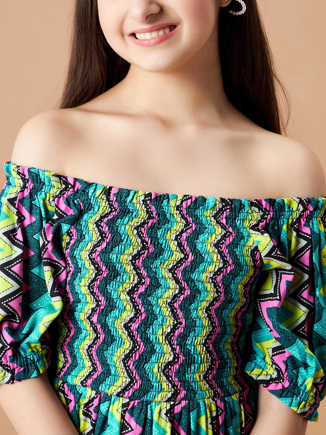 Chevron Printed Off-Shoulder Crepe A-Line Dress
