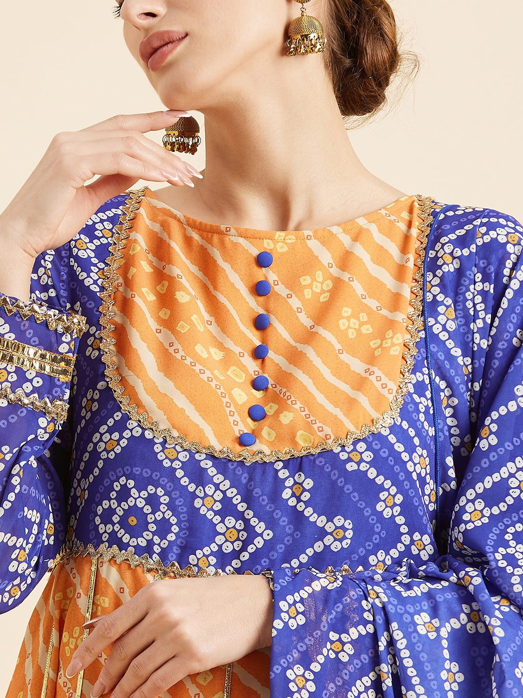 Yellow & Blue Bandhani Printed Kurta With Dupatta