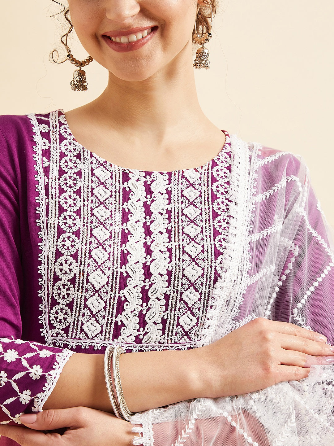 Purple Ethnic Motifs Embroidered Thread Work Regular Kurta with Trousers & Dupatta