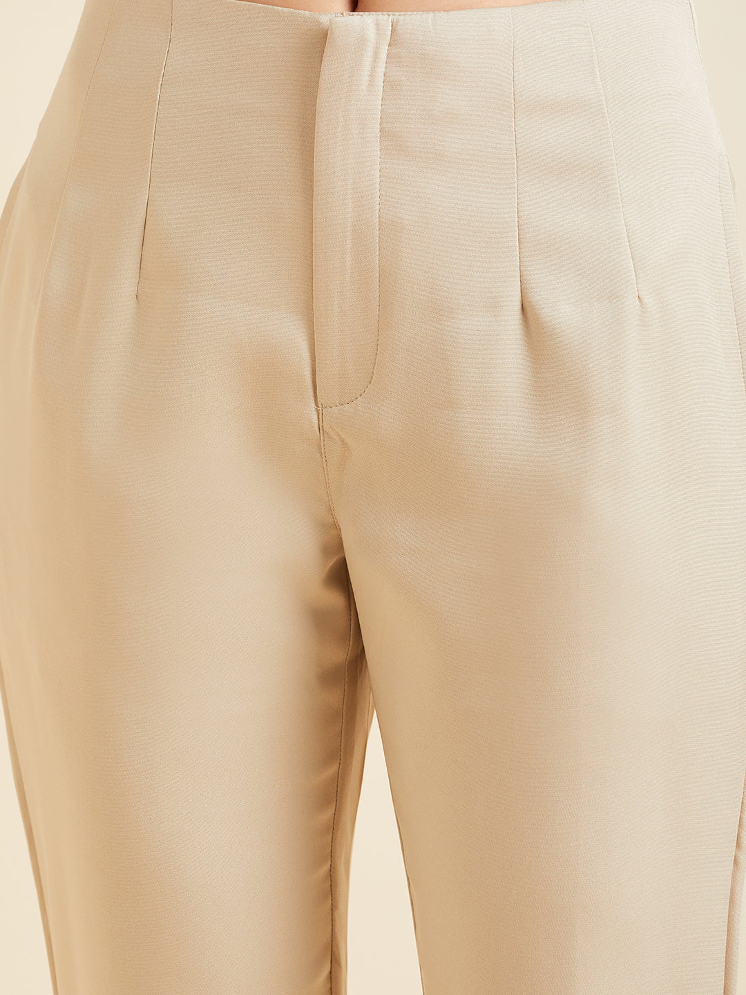 Beige Smart High-Rise Pleated Peg Trousers