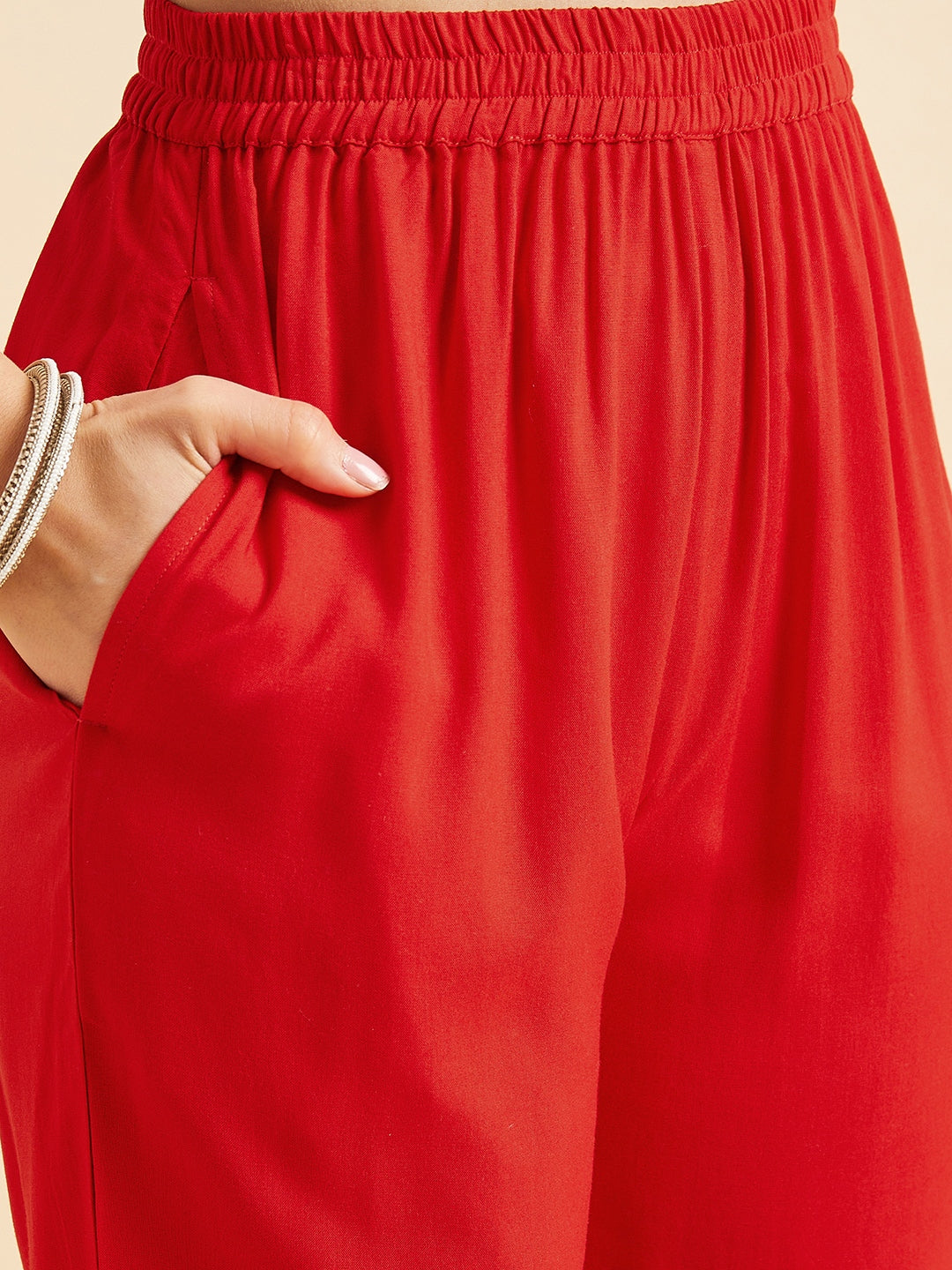 Red & White Ethnic Motifs Yoke Design Thread Work Kurta With Trousers & Dupatta