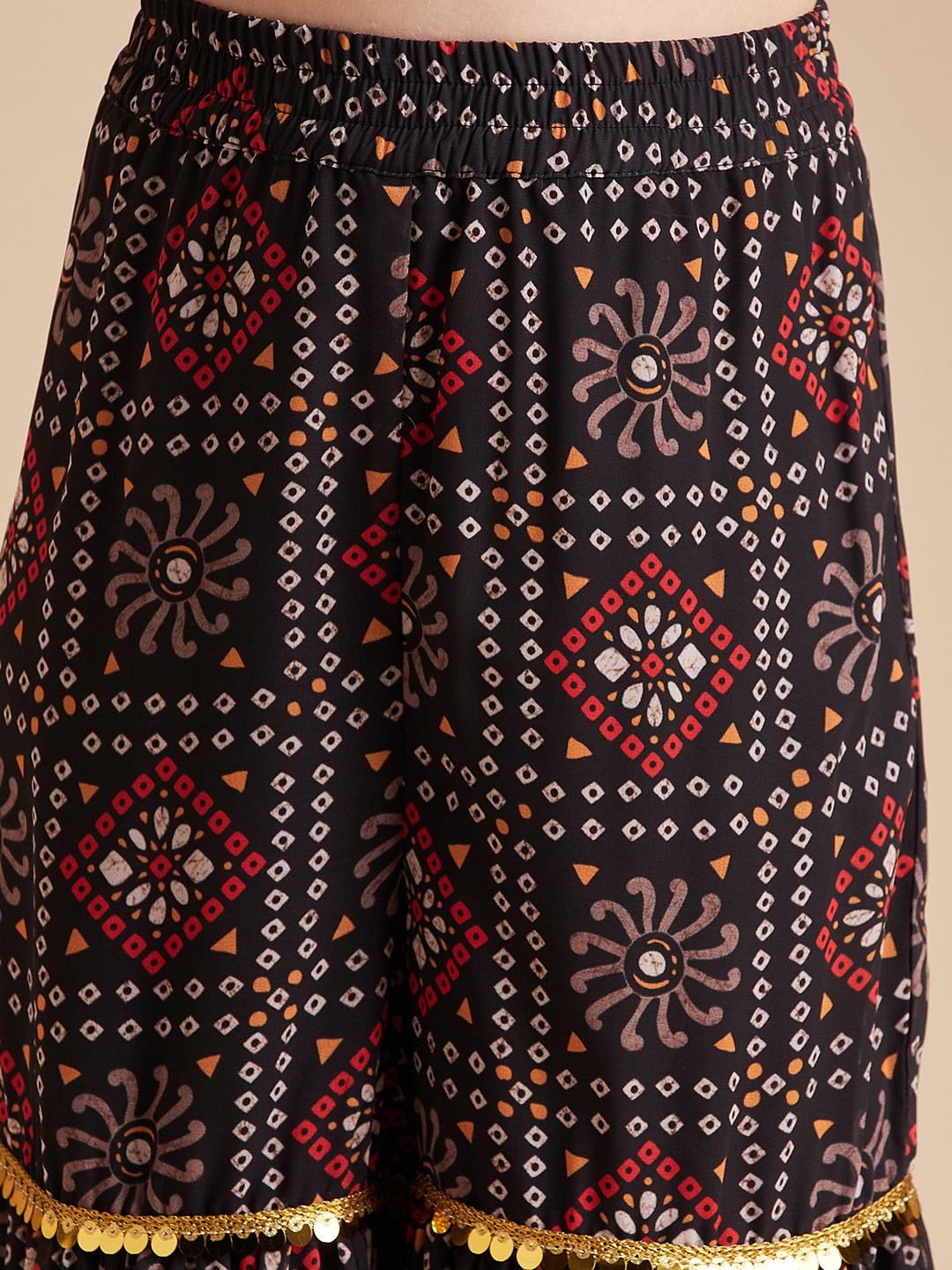 Girls Bandhani Printed Empire Gotta Patti Kurta with Sharara
