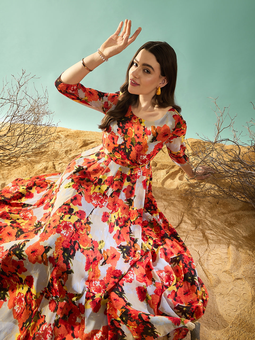 Floral Printed Fit and Flared Maxi Dress