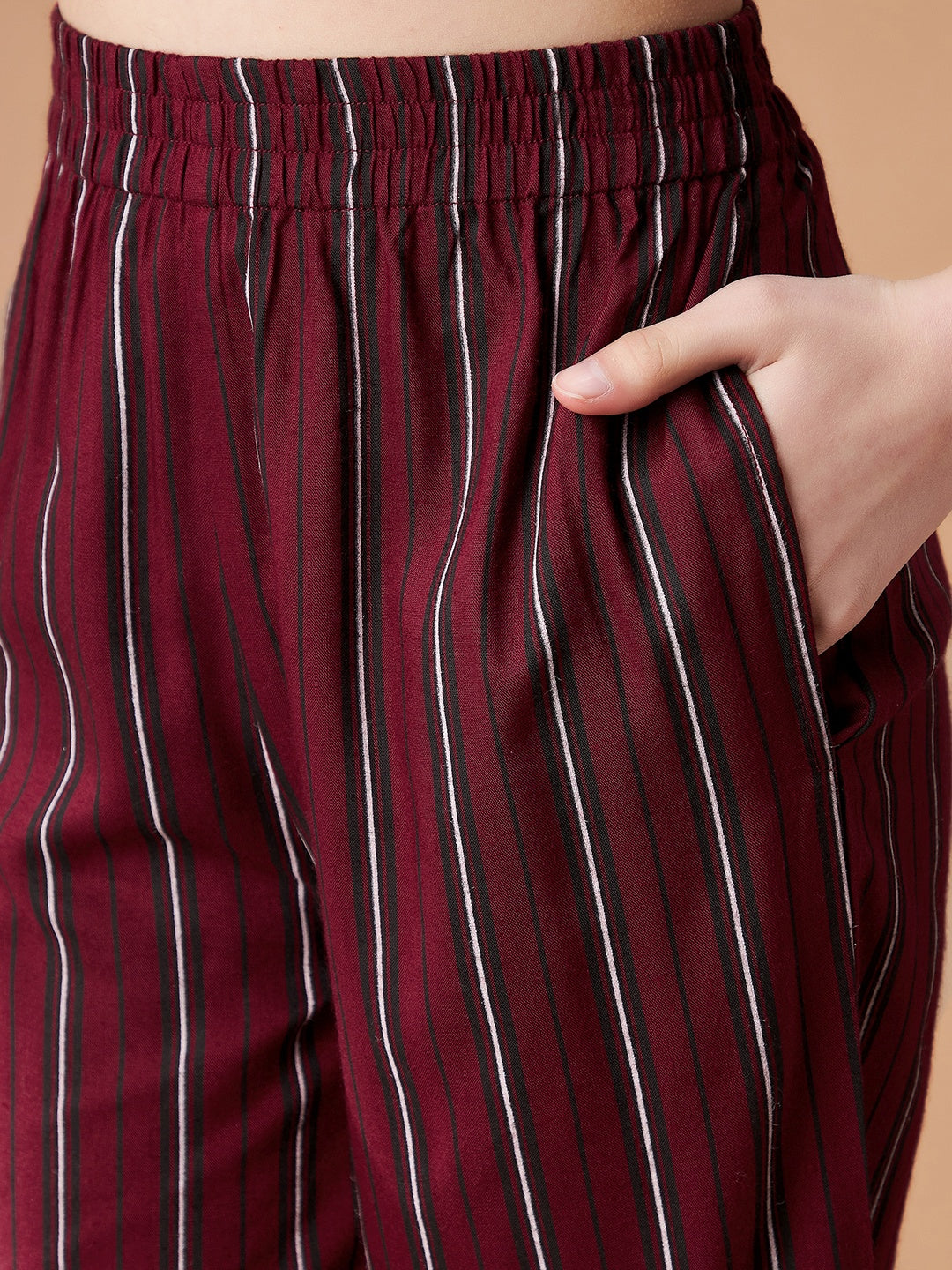 Girls Maroon Striped Cotton Night Suit Set
