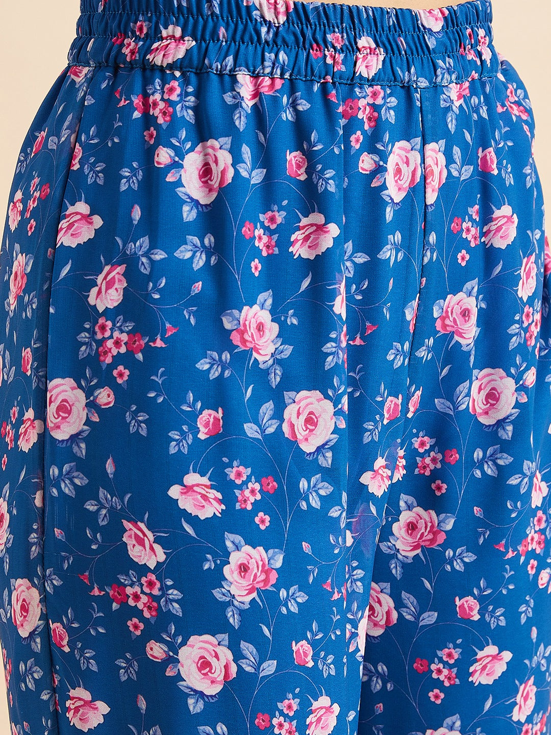 Blue & Pink Floral Printed Gotta Patti Kurta with Sharara & Dupatta