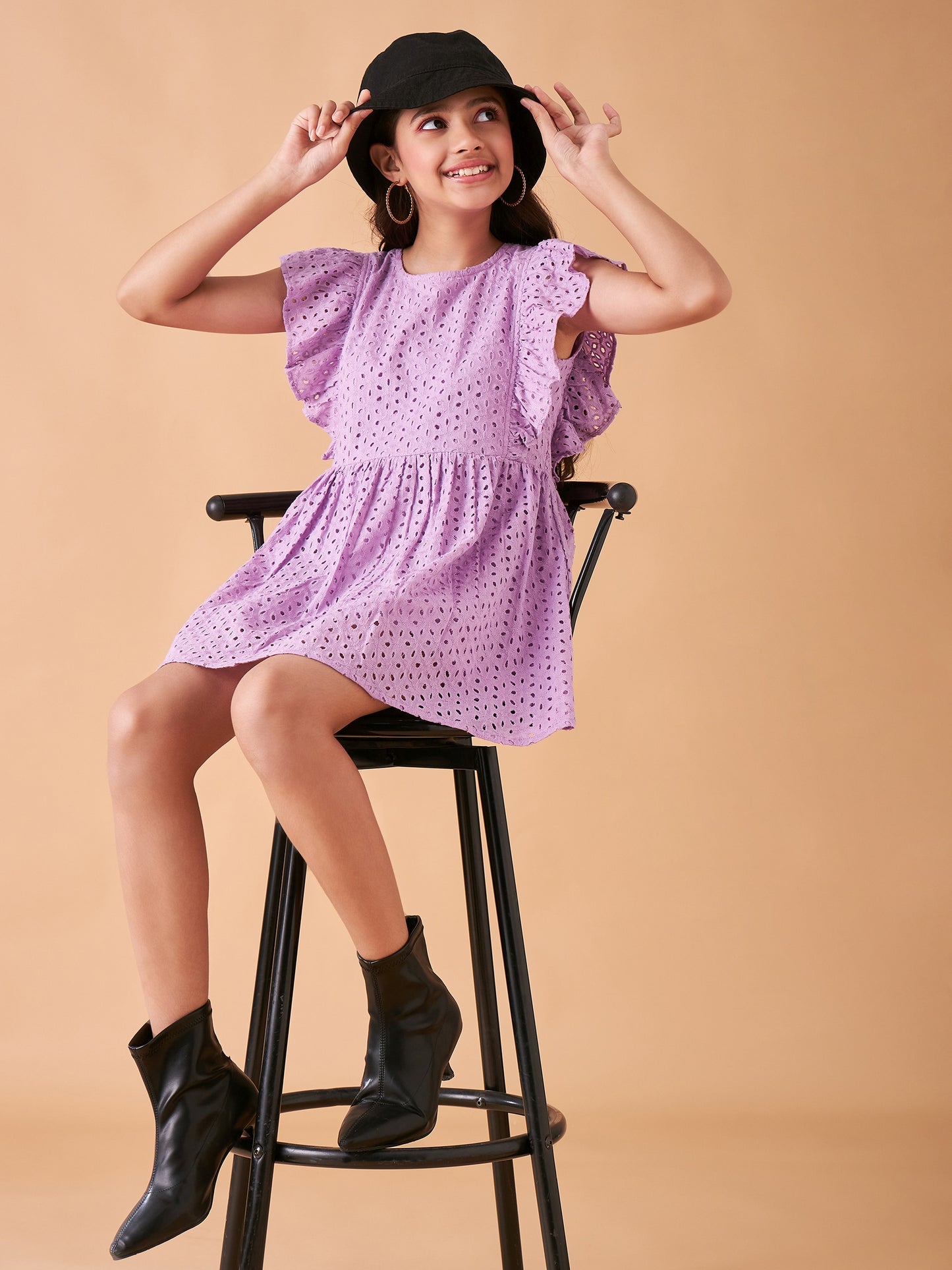 Girls Lavender Flutter Sleeve Fit Flare Short Dress