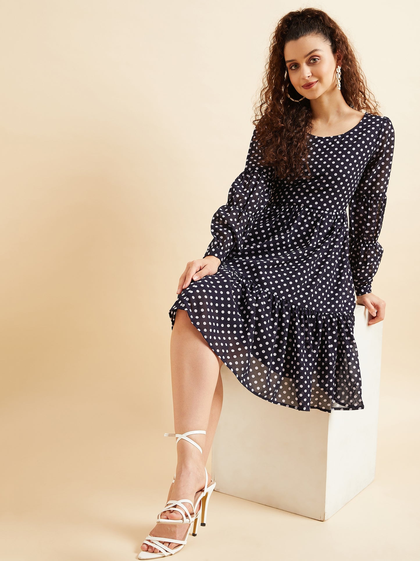 Polka Dots Printed Flounce Georgette Fit Flared Dress