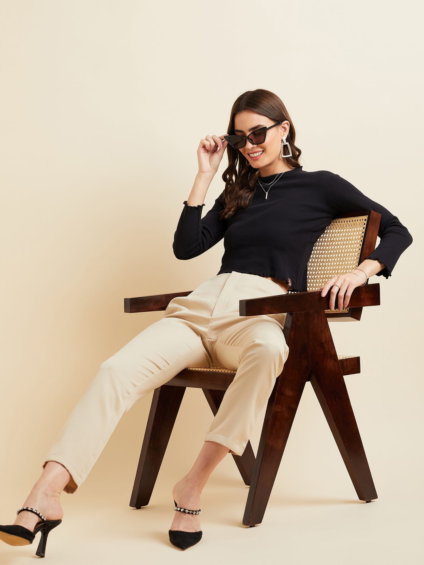 Beige Smart High-Rise Pleated Peg Trousers