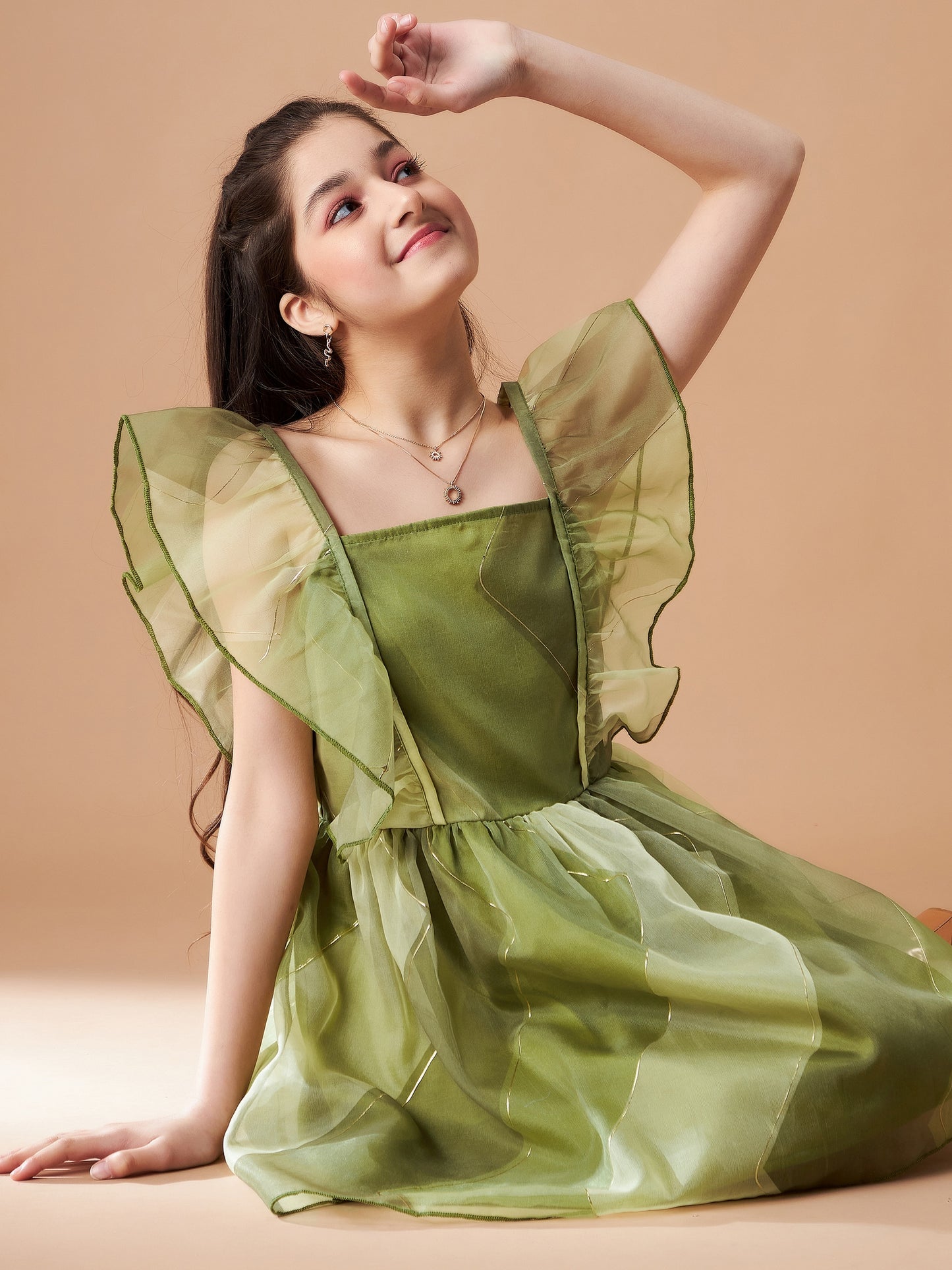 Girls Flutter Sleeve Ruffled Fit & Flare Dress