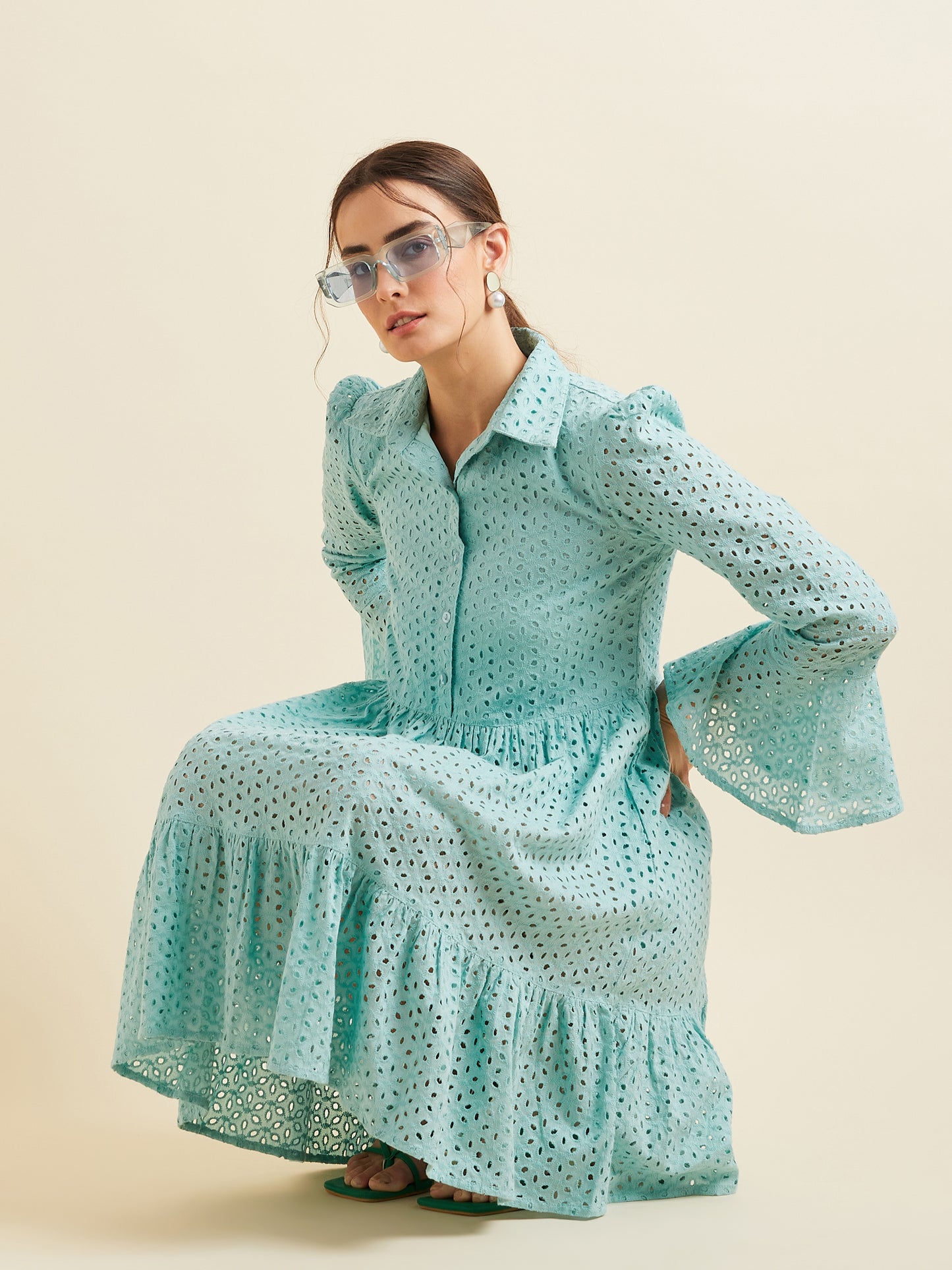 Women Blue Shirt Collar Bell Sleeve Ruffled Schiffli Cotton A-line Dress